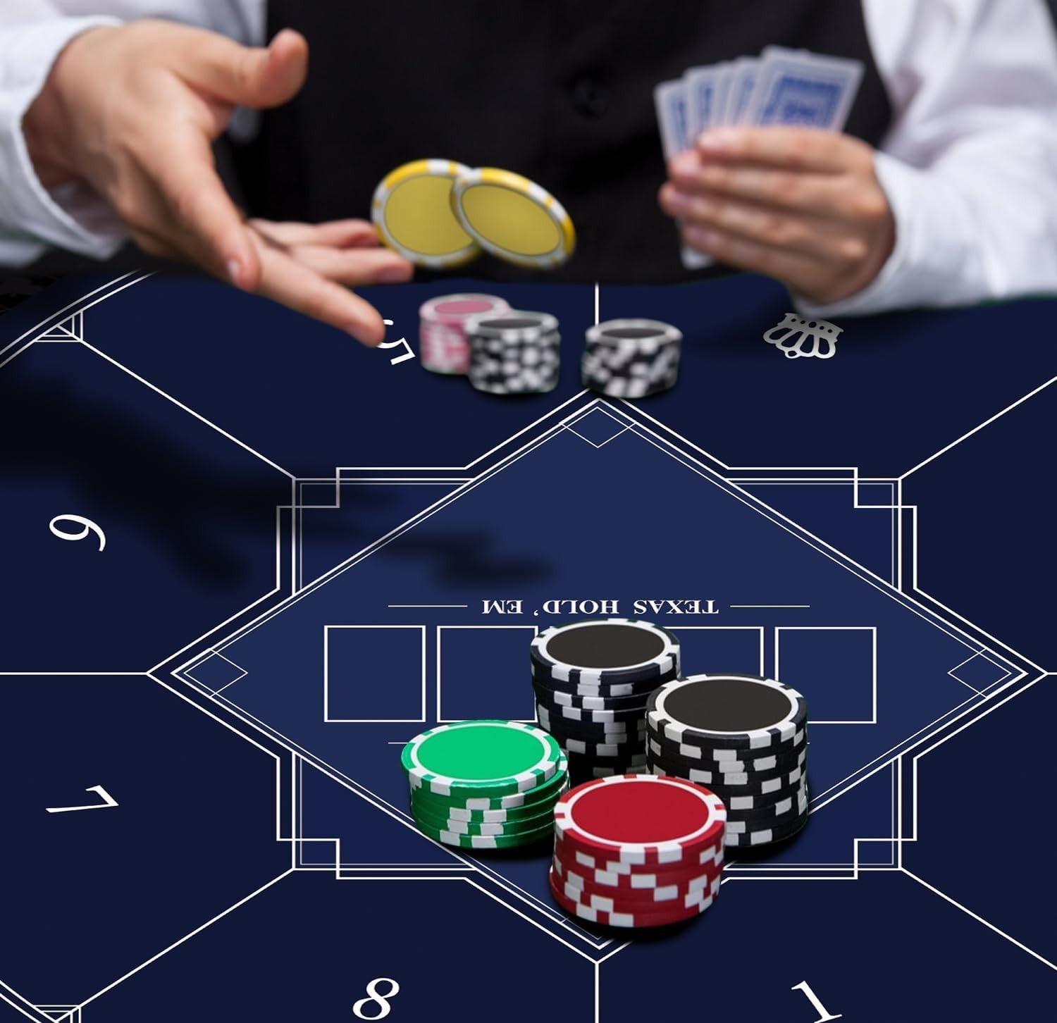 Nuveti 55-inch round poker mat for Texas Holdem with portable design, featuring a smooth surface and vibrant poker table layout.