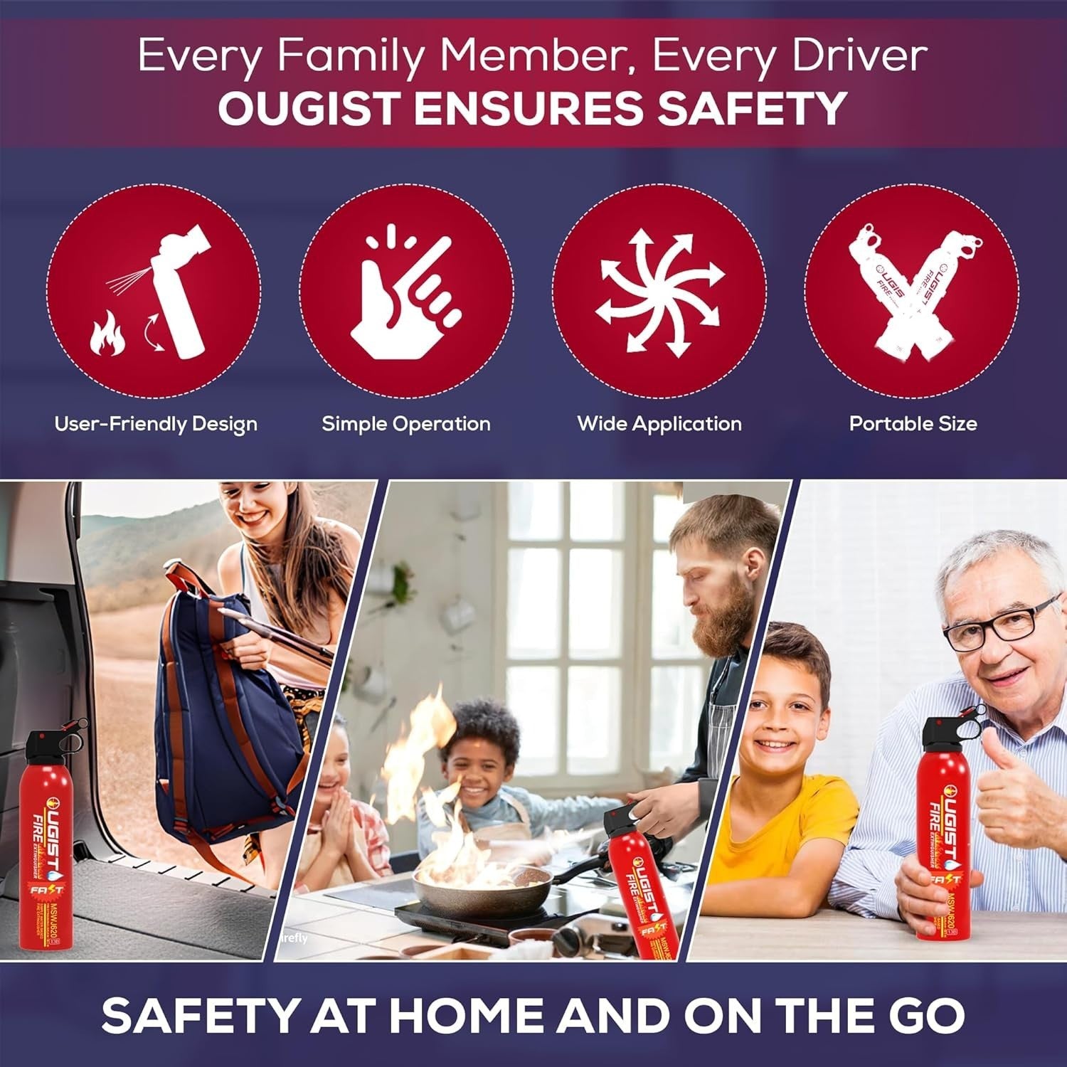 Set of four Ougist 21oz multipurpose fire extinguishers with wall mount brackets, ready for home or office safety.