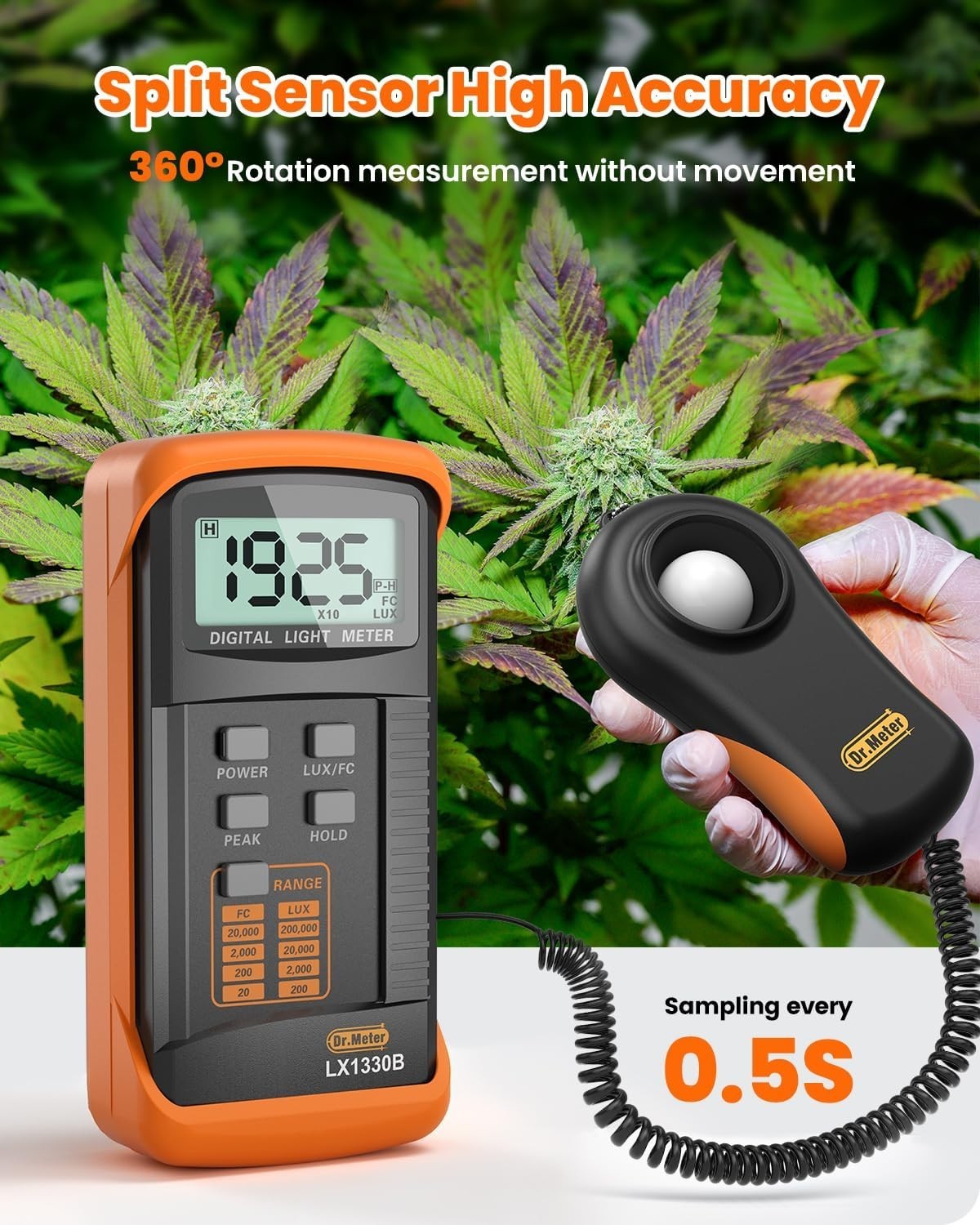 Digital LX1330B light meter measuring illuminance in lux, with a digital display and 0-200,000 measurement range.