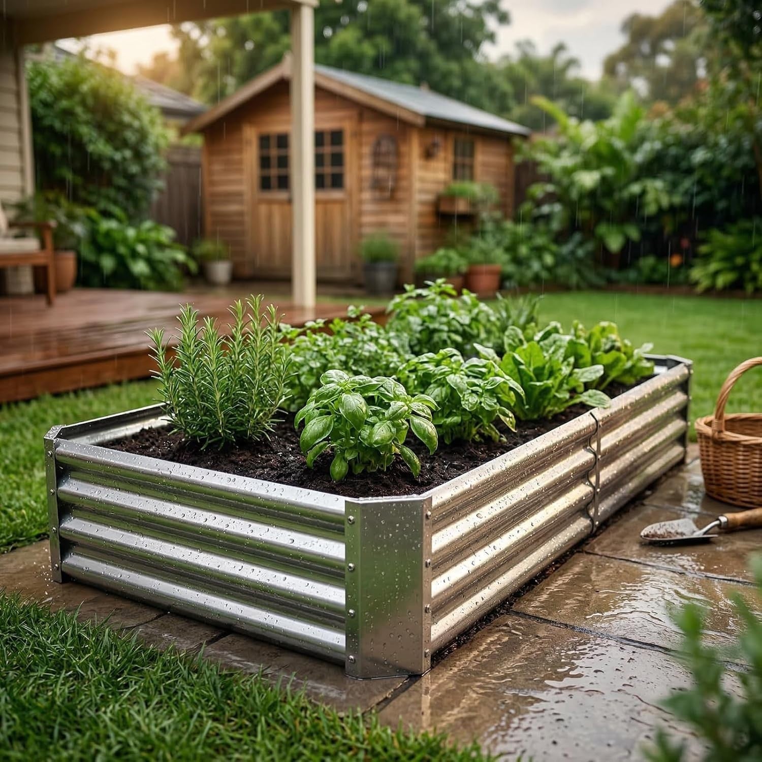 Galvanized metal raised garden bed by Land Guard, 6x3x1 feet, with planter kit and box out for outdoor gardening.