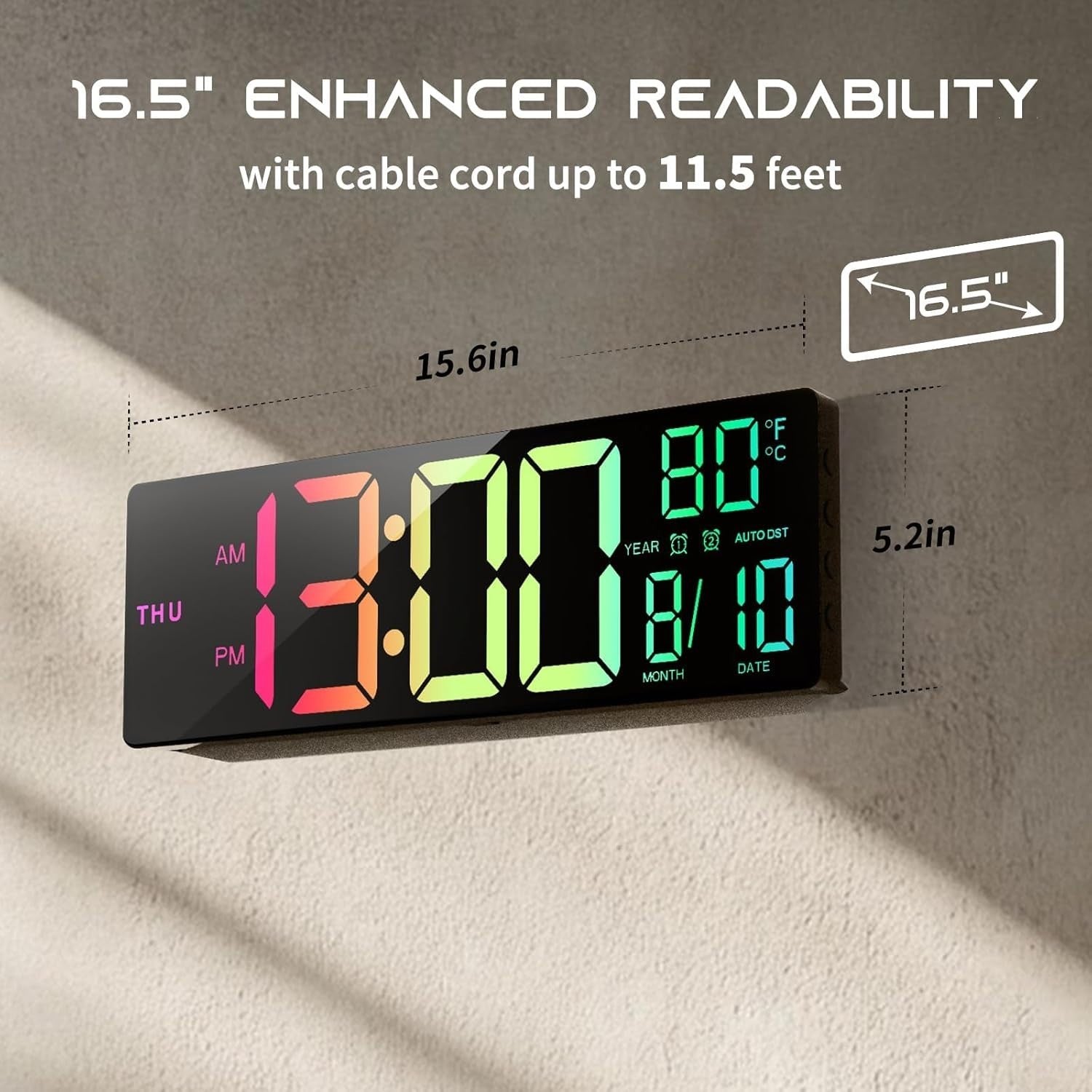 EASYERA 16.5-inch digital wall clock with RGB lights, Bluetooth sync, and 11 scene options, displaying time with vibrant colors.