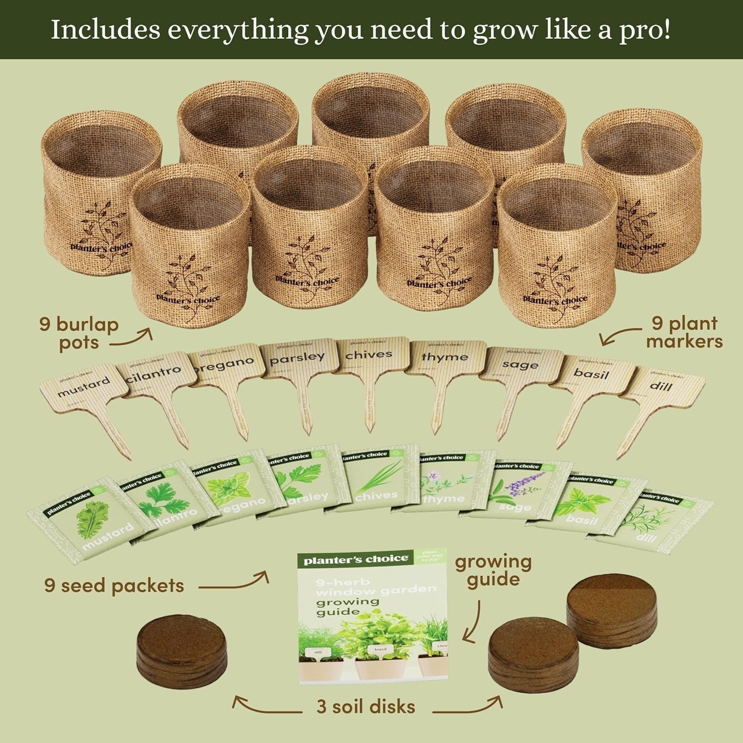 Planters' Choice 9 Herb Indoor Window Garden Kit with house plant containers and herbs for home gardening.