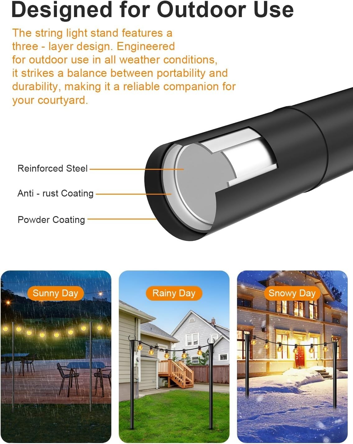 Four thickened metal outdoor string light poles for hanging Christmas lights, designed for sturdy outdoor lighting display.