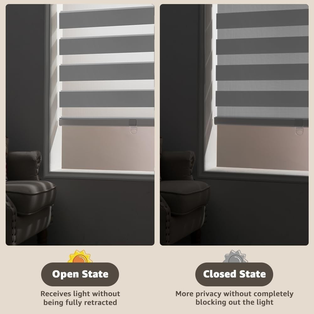 SEEYE cordless zebra blinds for windows and French doors, featuring free-stop roller design and adjustable zebra-striped fabric.