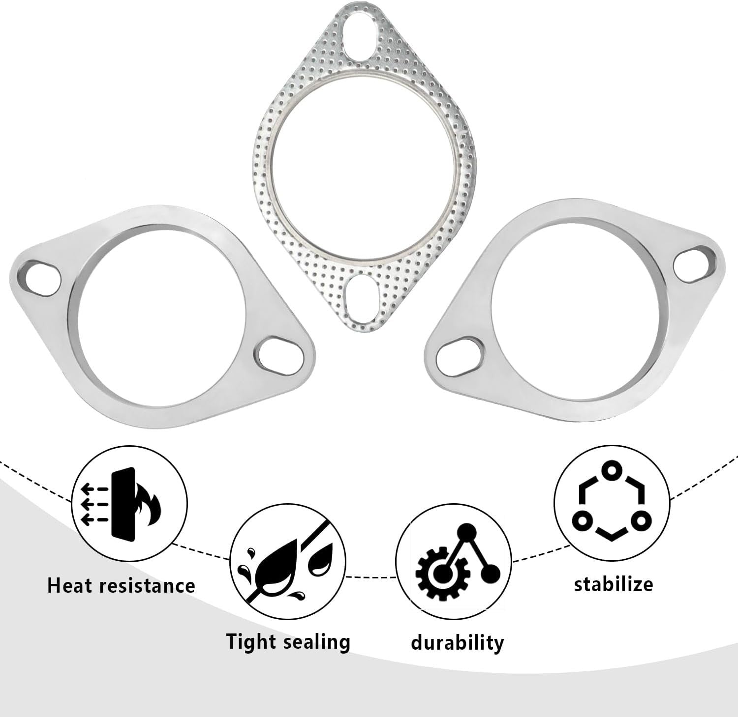 Stainless steel 2-bolt exhaust flange repair kit from Aokdom for 2.25-inch exhaust systems, showing flange and hardware details.