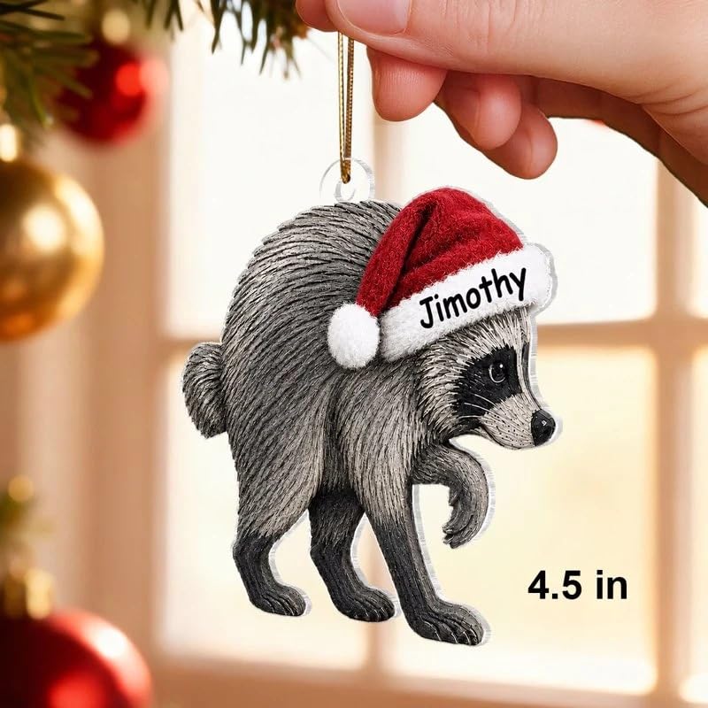 Jimothy Raccoon Santa Hat Acrylic Christmas Ornament Cute Animal - Product Imagery