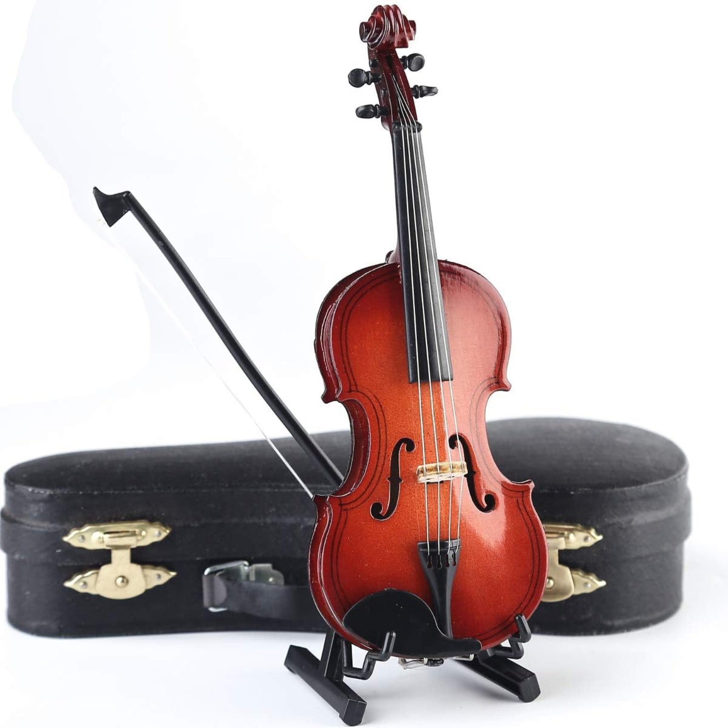 Miniature Dselvgvu violin with stand, bow, and case, measuring 6.31"x2.24"x0.98" for decorative or collectible use.