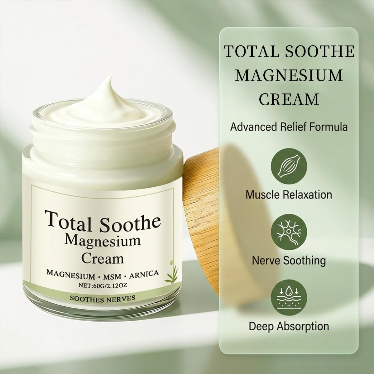 Total Relief Magnesium Cream with MSM and arnica, 2-pack, featuring mineral supplement for soothing skin relief.