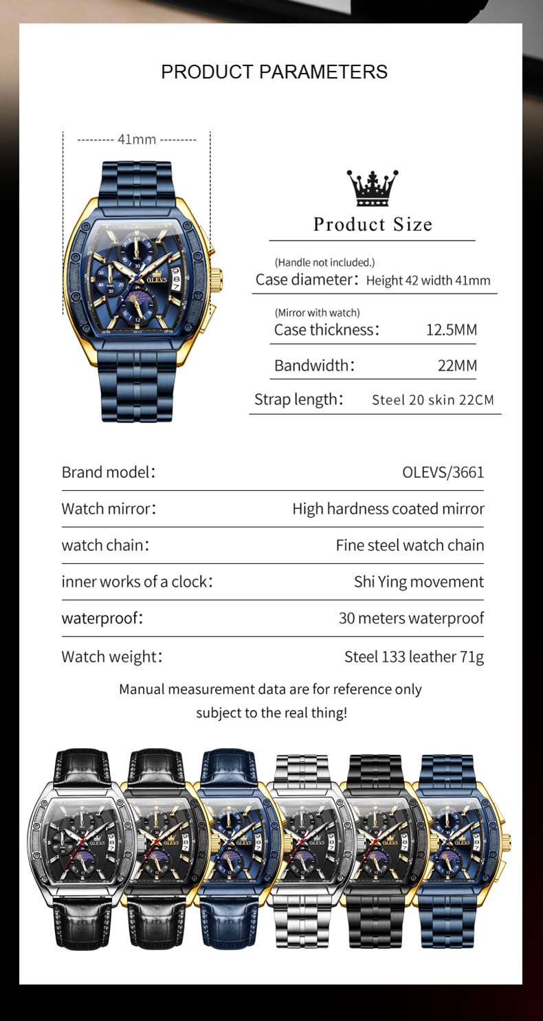 OLEVS Men's Chronograph Square Watch – Gold Blue