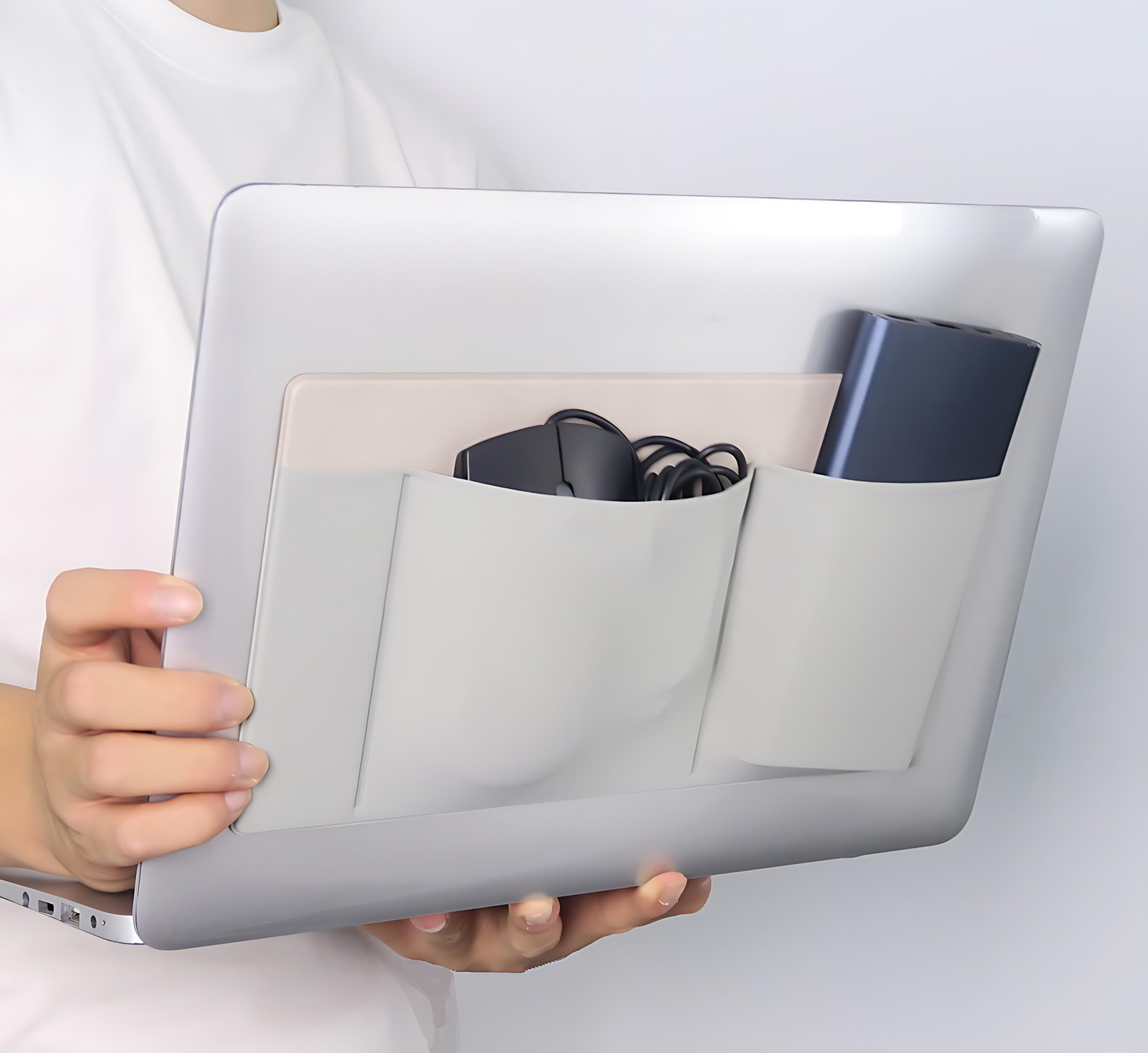 Gray AMOZIFY 3-pocket organizer caddy with adhesive mouse holder and external hard drive sleeve for MacBook accessories.