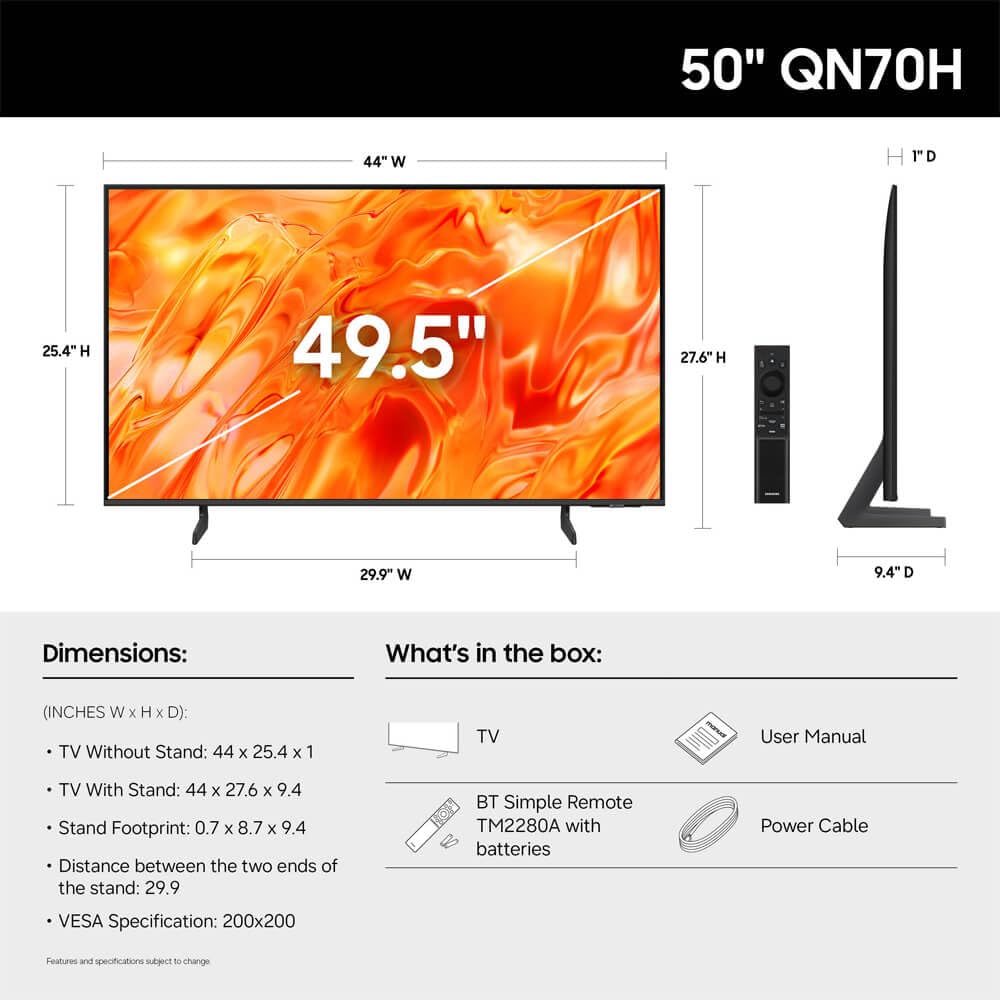 Samsung QN50QN70H 50-inch Class Neo QLED 4K UHD Smart TV with Mini LED technology, showcasing a sleek television display.