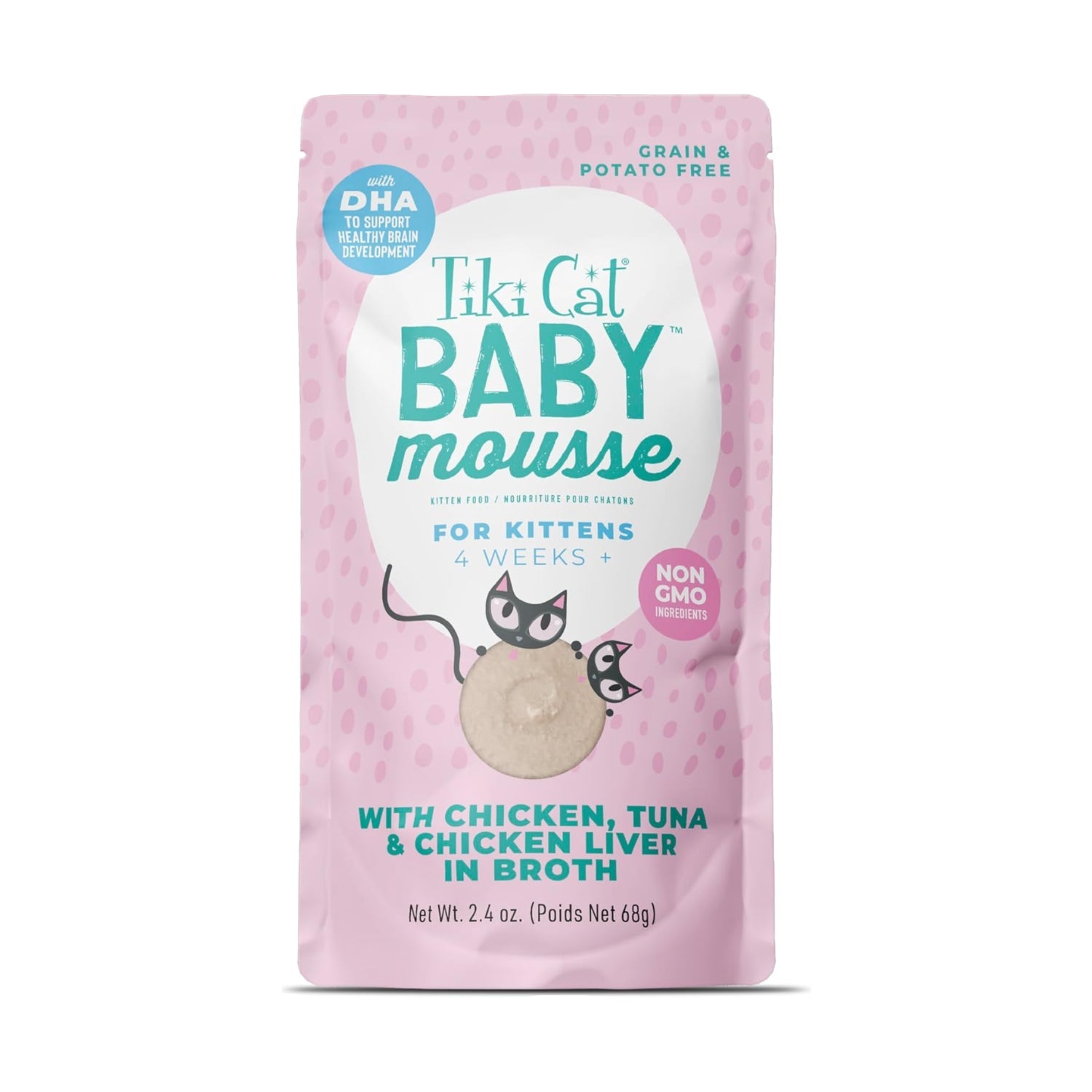 Tiki Cat Baby Mousse wet cat food pouches with chicken, tuna, and chicken liver in 2.4 oz. packs, 12-count.