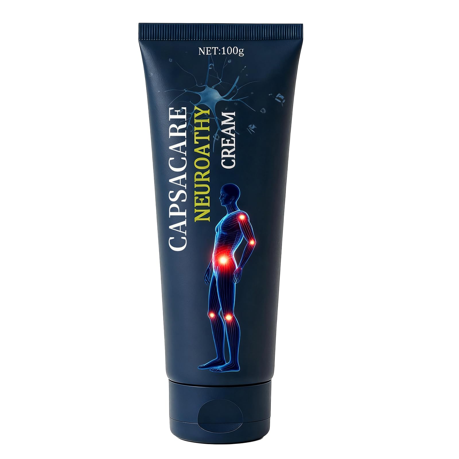 Capsacare Neuropathy Relief Cream with capsaicin and arnica in a 100g tube, designed for pain relief and soothing neuropathy discomfort.