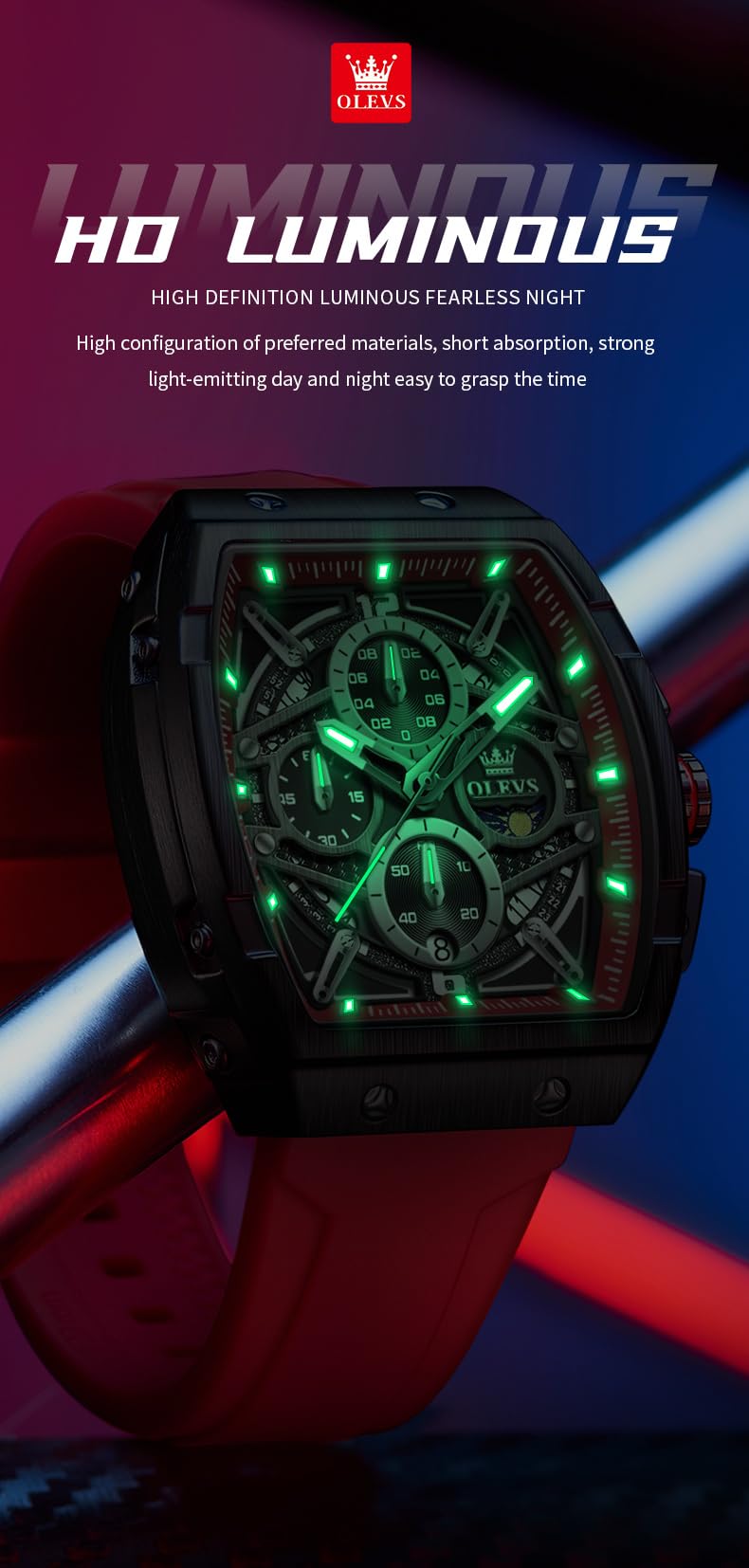OLEVS Men's Square Chronograph Watch – Red Silicone