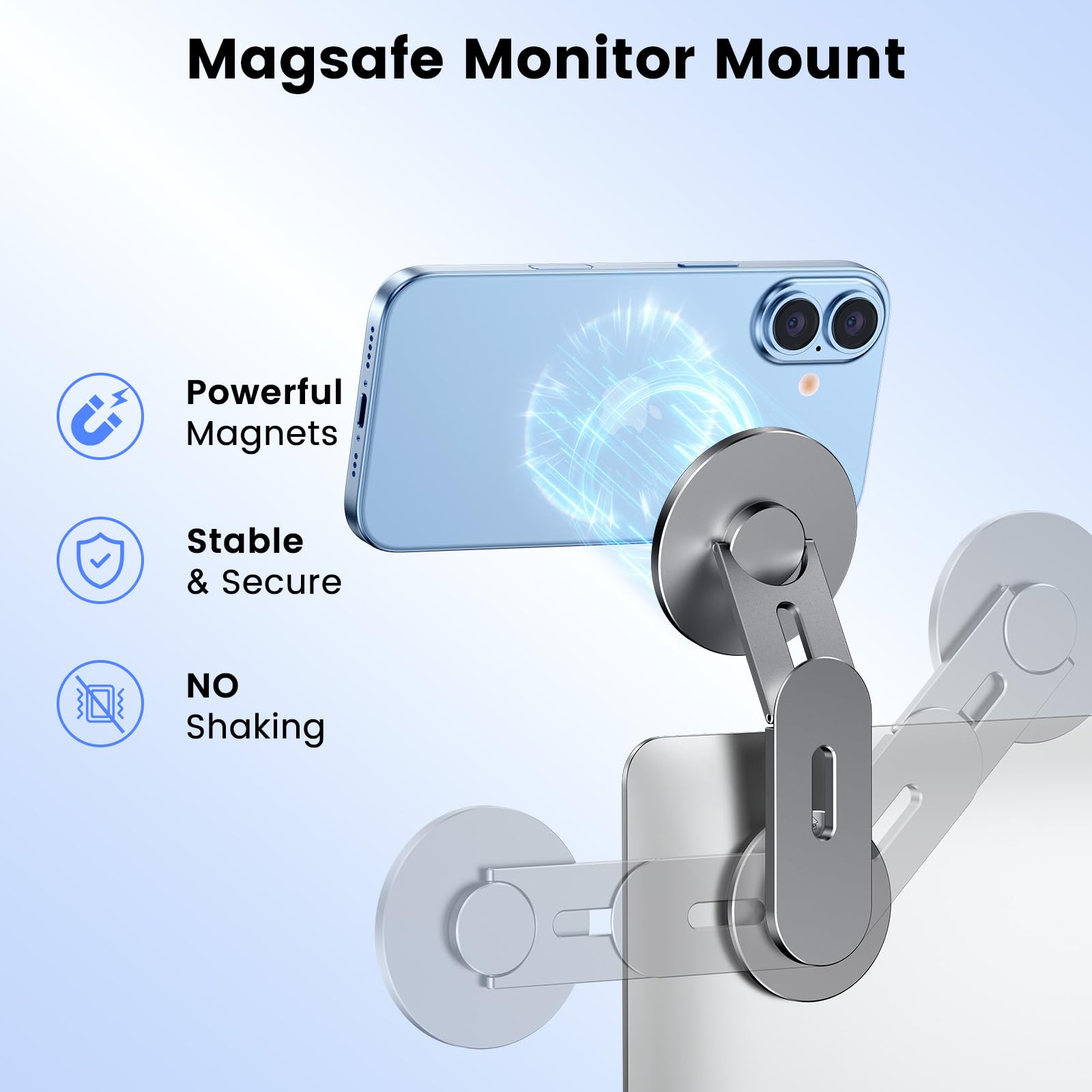 MagDIGITEH magnetic phone holder for laptops, adjustable gray mount for iPhone 12-17 and all phones, fits Tesla monitors.