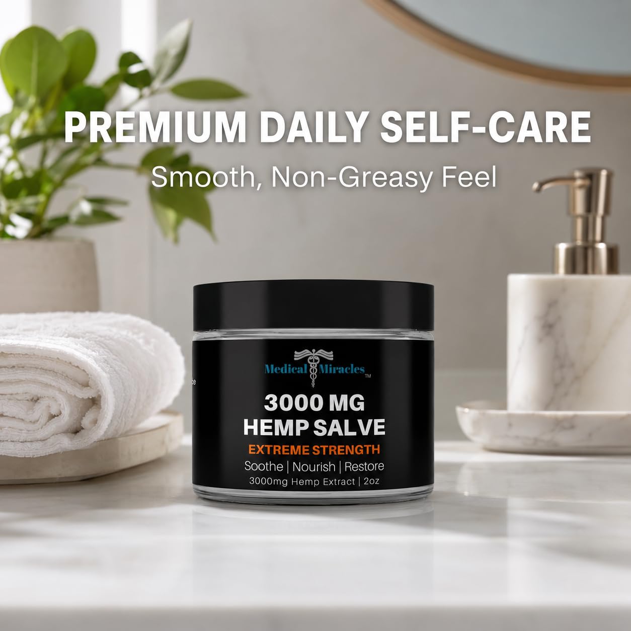 Medical Miracles hemp salve for hips, joints, neck, and back, showcasing the 3000 MG maximum strength formulation and natural ingredients.