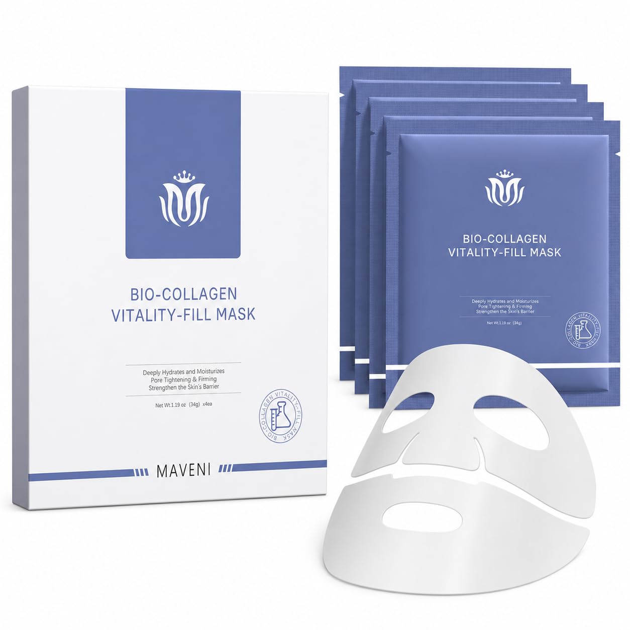 MAVENI Bio-Collagen Face Masks, Real Deep Collagen Mask, - Product Imagery