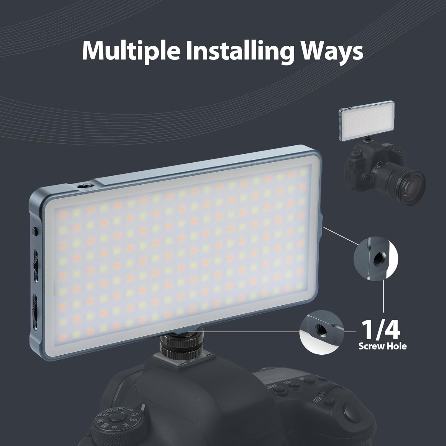 ENEGON 4000mAh rechargeable mountable bicolor LED video light showing adjustable brightness controls and compact design