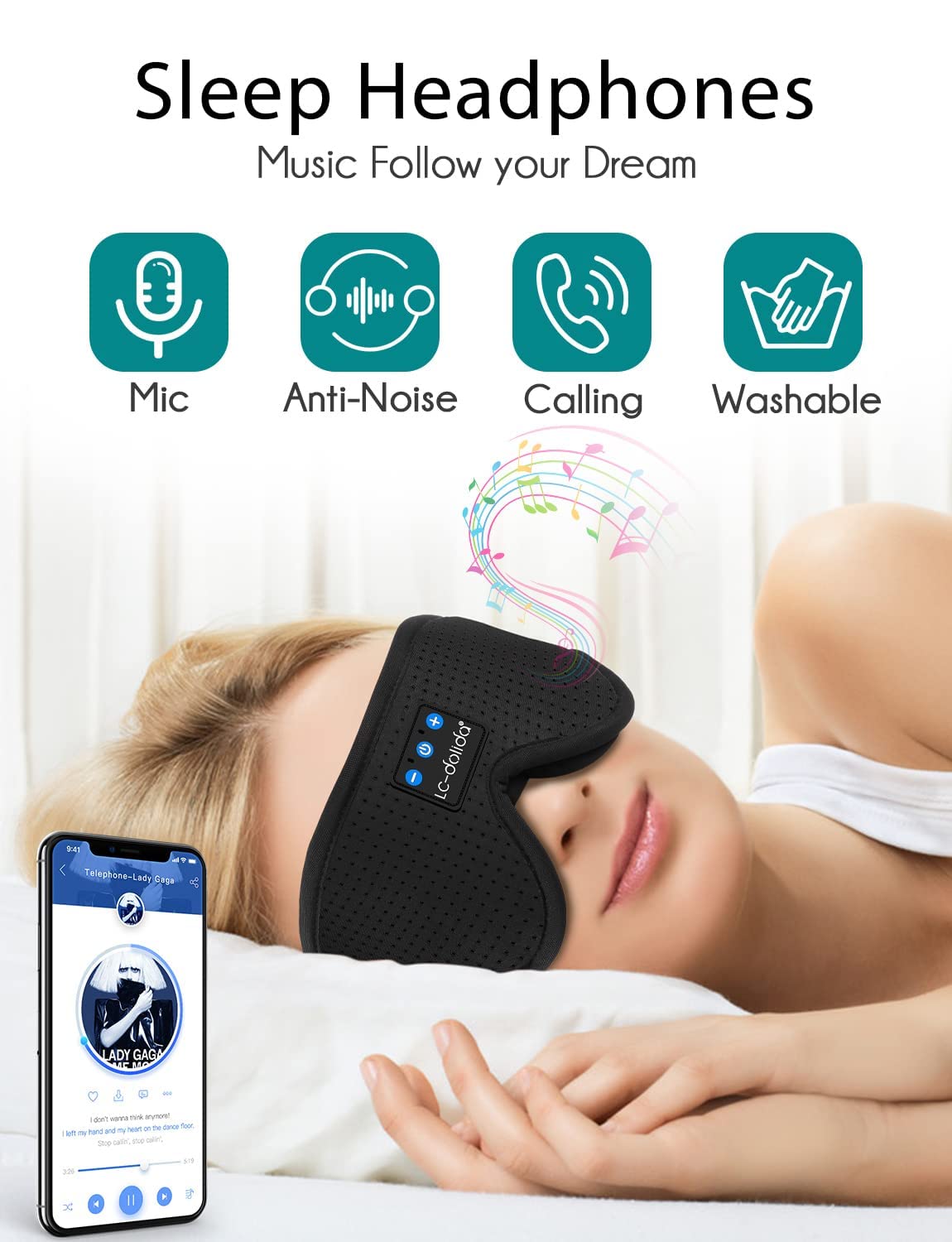LC-dolida Sleep Mask with Bluetooth Headphones,Sleep Headphones B by LC-dolida - Angle View 2