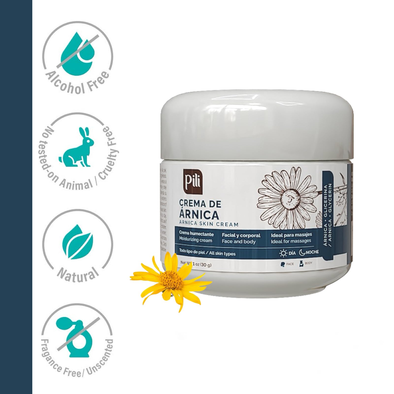 Pili Natural Arnica Cream moisturizer for face and body, soothing dry, bruised, irritated skin, fast-absorbing, unscented, 1 oz.