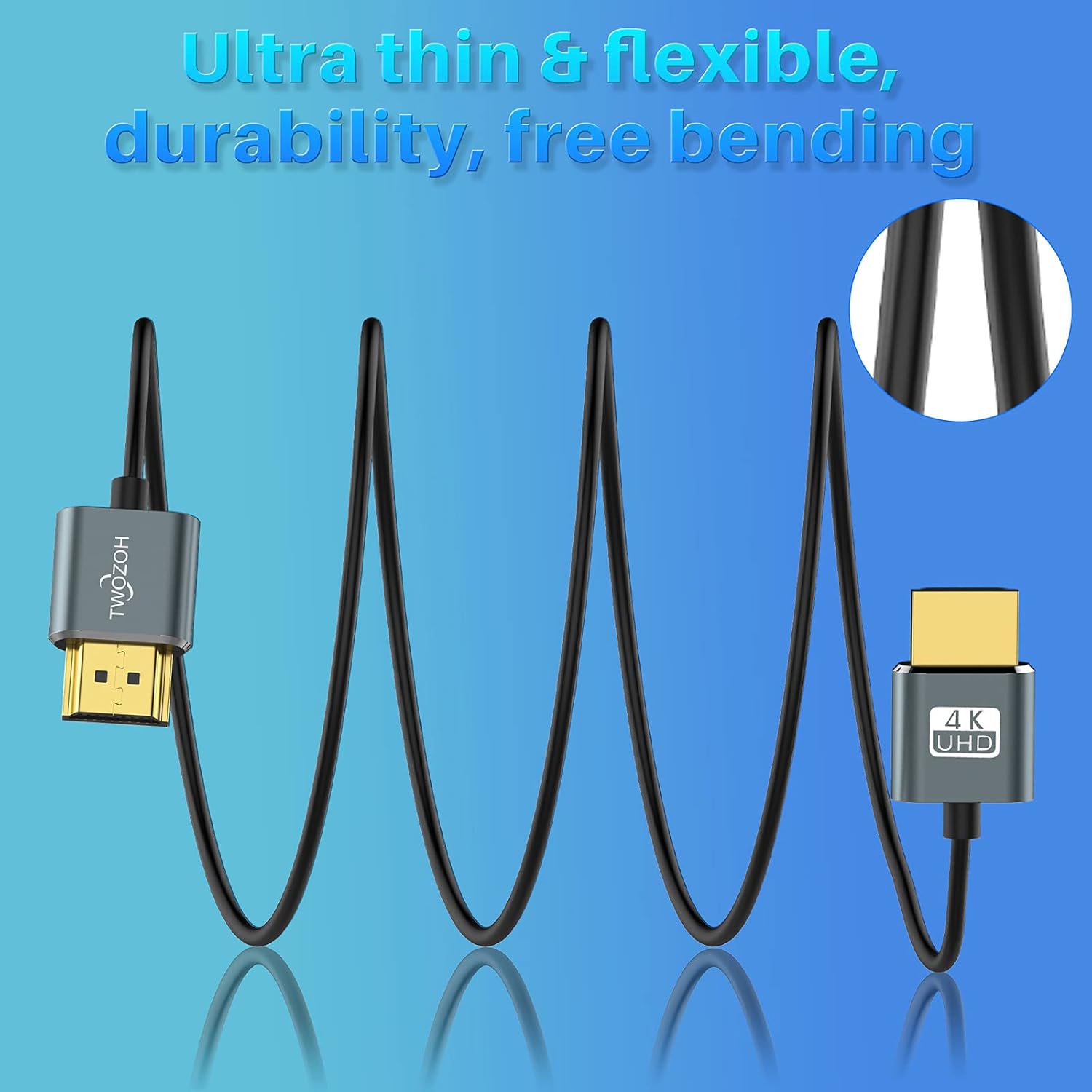 Twozoh ultra-thin HDMI to HDMI cable, 6.6 feet long, with a hyper slim design, HDMI 2.0 version, suitable for high-definition video transfer.