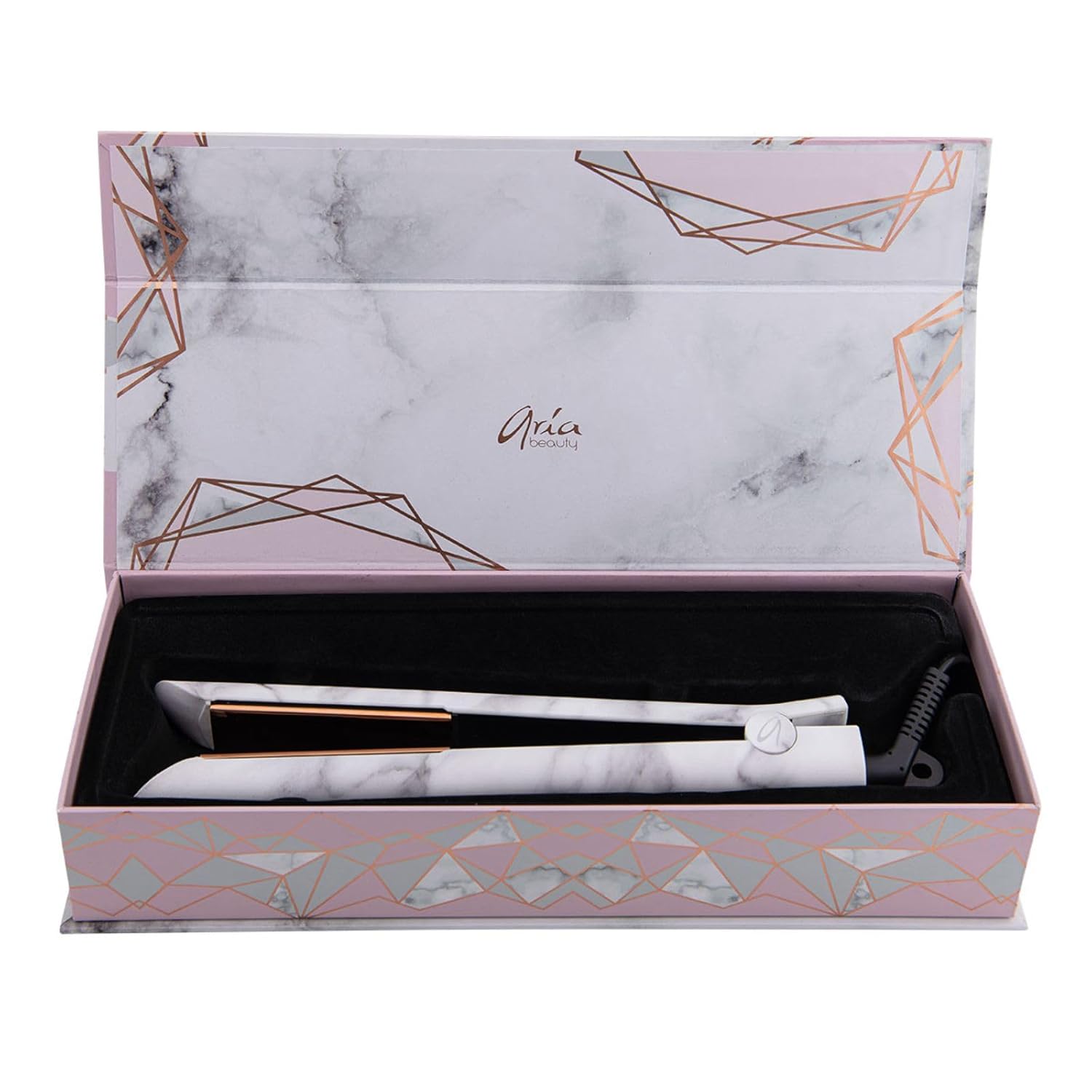 Aria Beauty 1-inch infrared marble digital flat iron straightener with black and silver finish, showing the sleek design and digital controls.