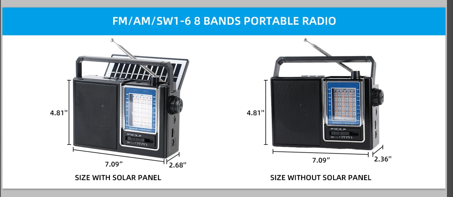 Nuoyida Retro AM/FM Bluetooth Radio, Solar/USB/Battery