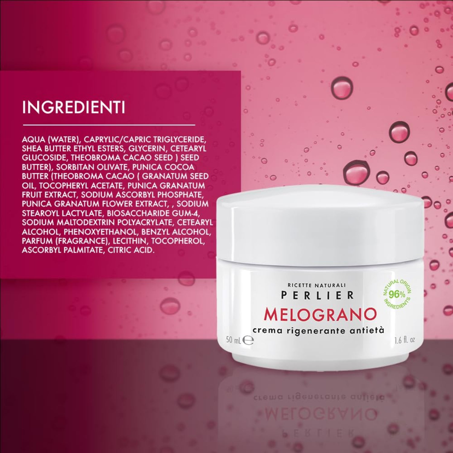 Perlier pomegranate revitalizing anti-aging face cream in 1.6 fl oz jar, showing rich cream texture and pomegranate imagery
