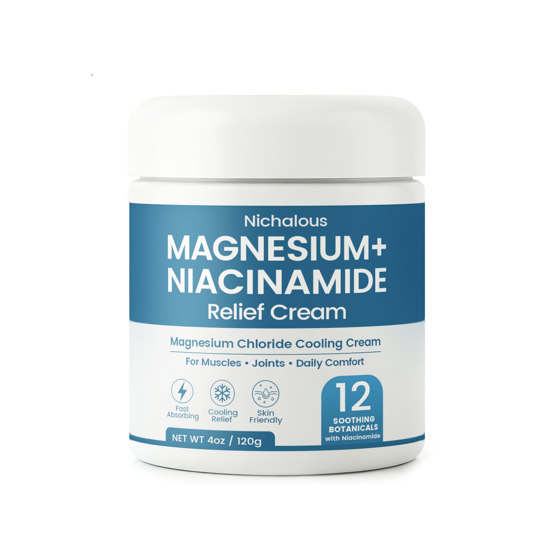 Nichalous Magnesium and Niacinamide Relief Cream in a 4 oz jar, featuring a smooth cream texture for skin support and mineral relief.