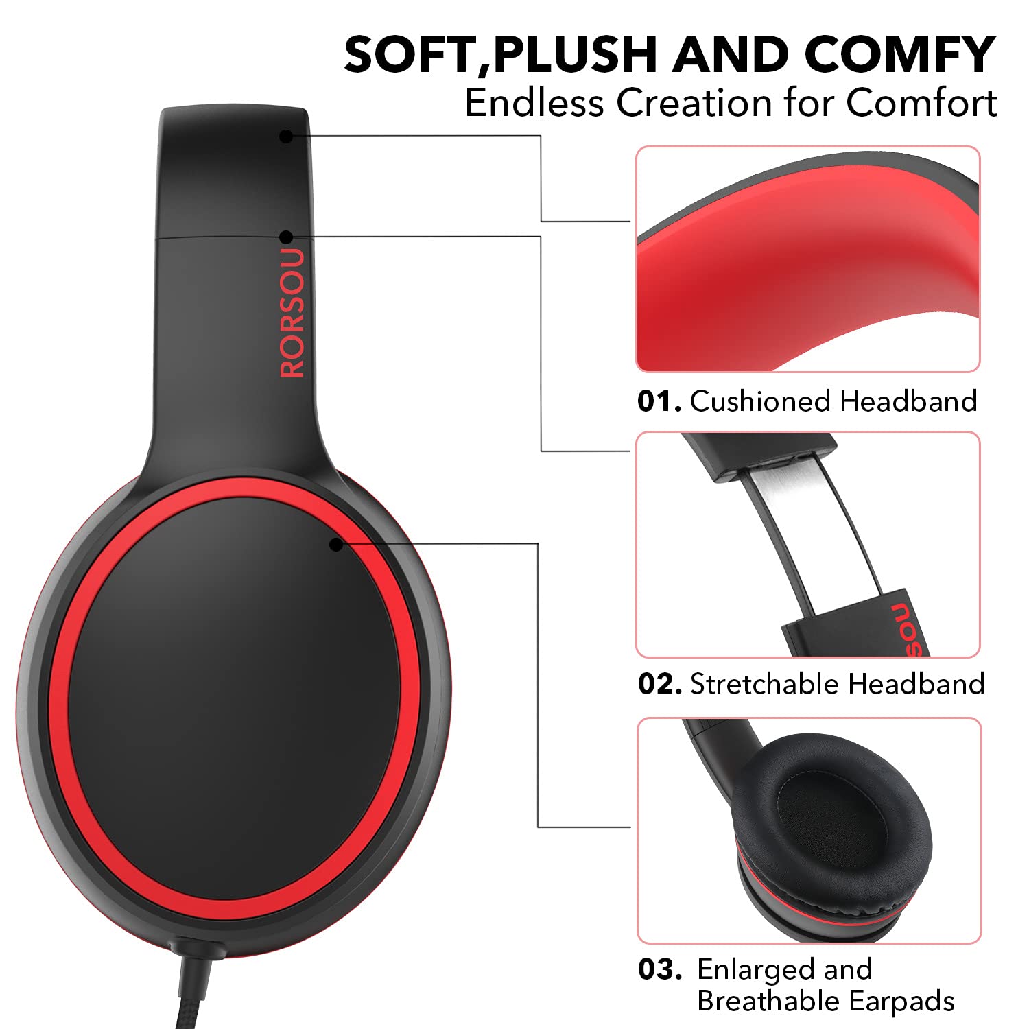 RORSOU R10 Kids Headphones Over-Ear with Microphone, Lightweight - RORSOU Official Product View 4