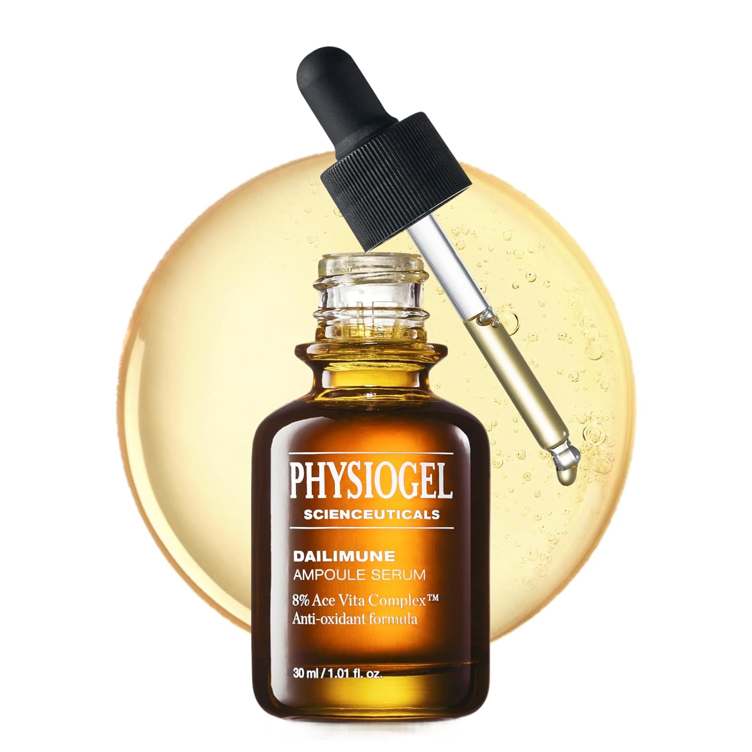 Physiogel Dailimune ampoule serum with 8% vitamin for even skin tone, featuring clear glass bottle and dropper applicator.