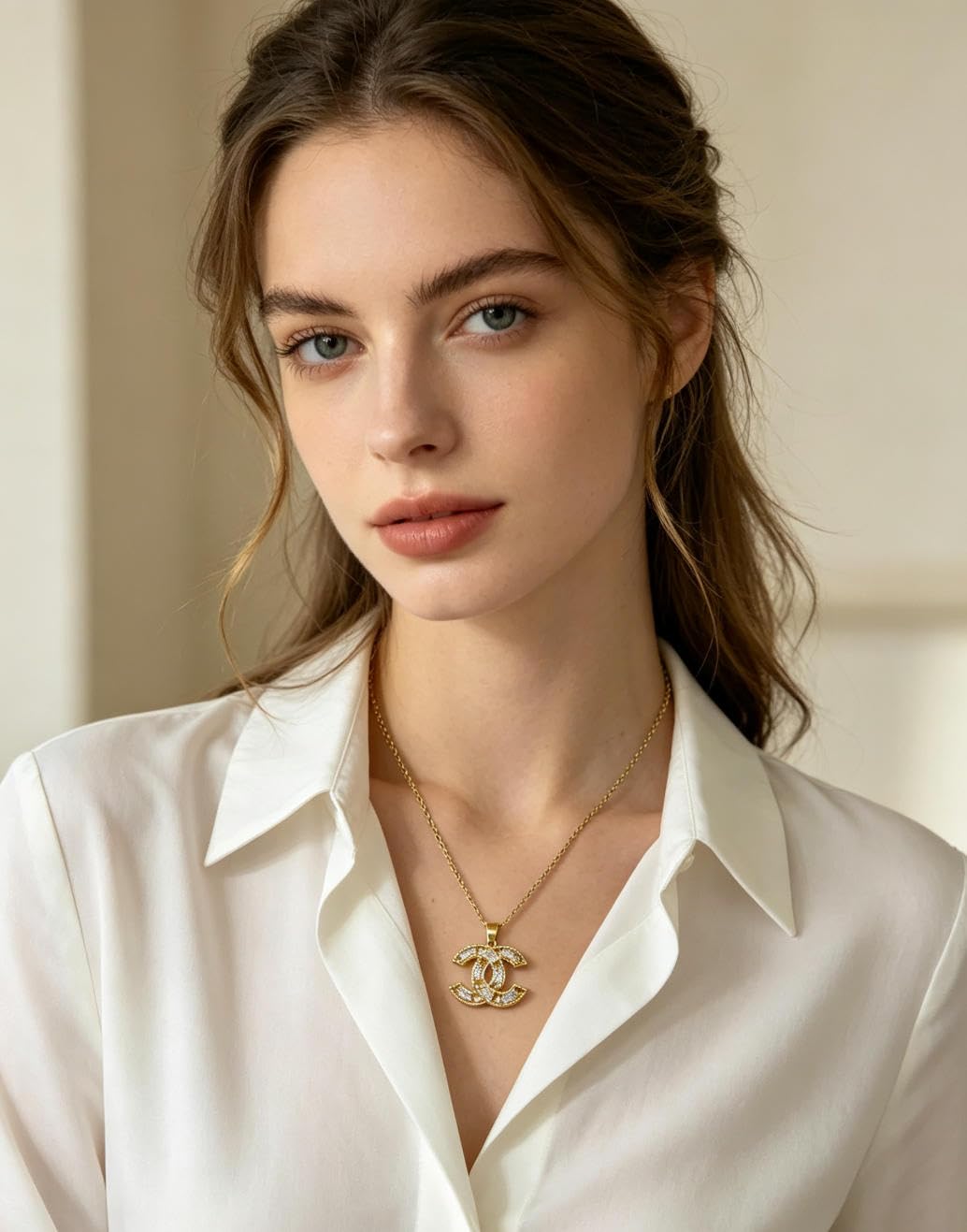 Gold Tone Crystal Logo Necklace and Earrings Jewelry Set - TABACU Official Imagery - 4