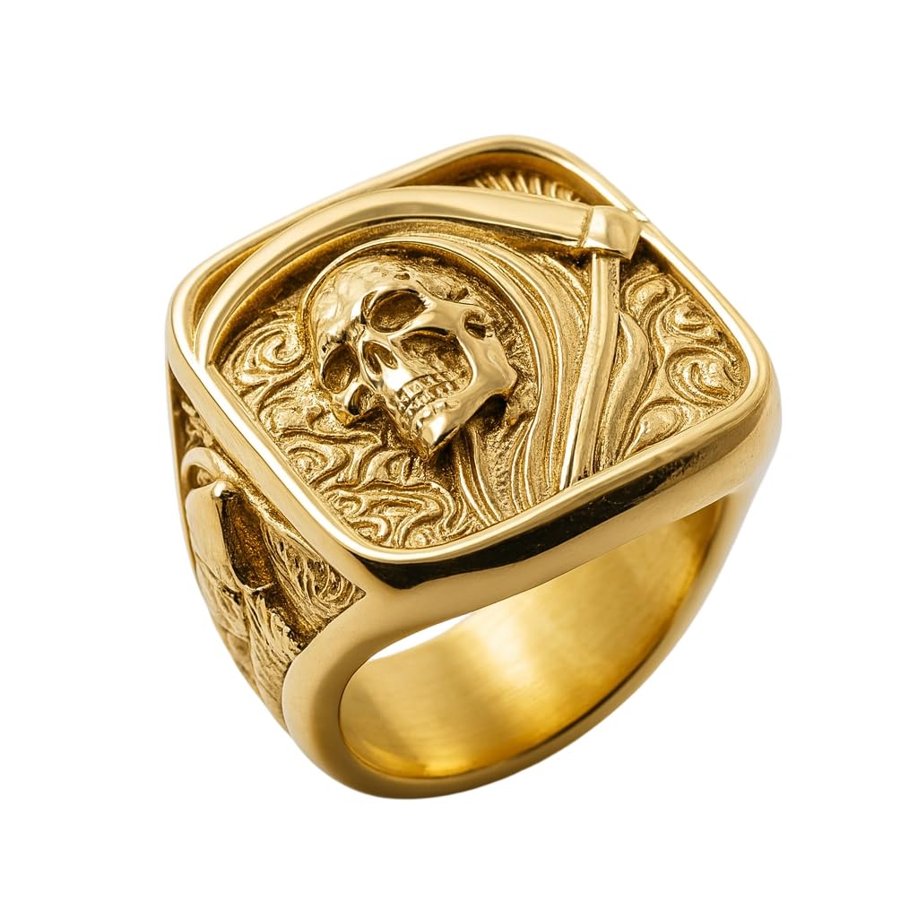 Grim Reaper Ring for Men Gold Skull with Scythe Signet - ZMY Home Official Imagery - 1