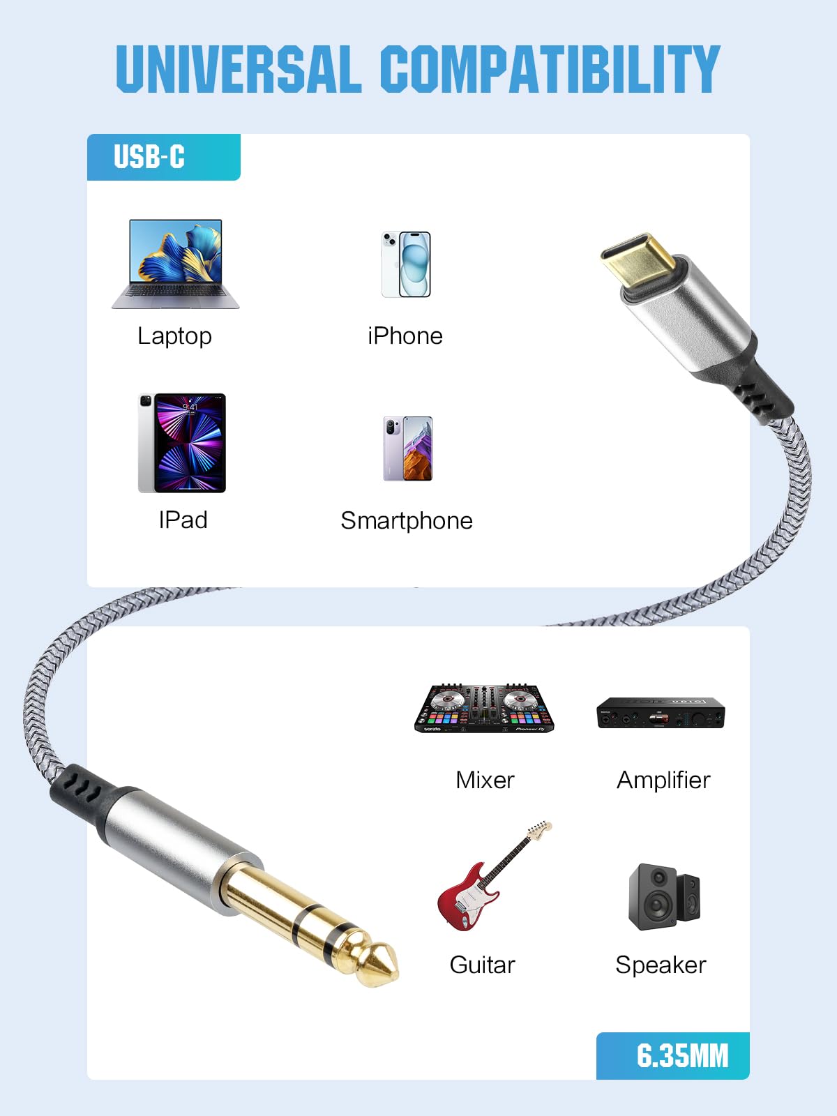 gudxfj 2 Pack USB C to 6.35mm 1/4 inch TRS Cable Audio Adapter Ja by gudxfj - Angle View 3