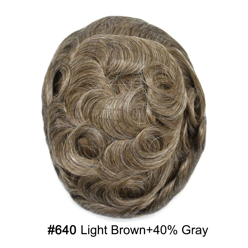 Curve Hair Mens Toupee Human Hair Piece Replacement System Monofilament Wig Hair Unit for Men Durable Poly Coated Mens Hairpiece (#640 Light Brown+40% Gray, 7"X9")