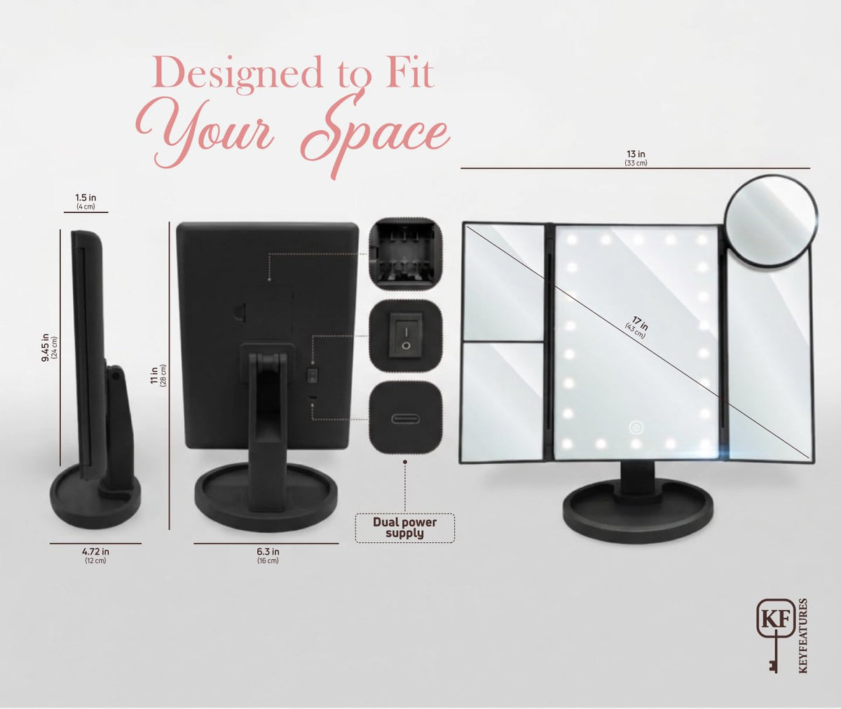 KEYFEATURES Lighted Makeup Mirror Trifold Vanity Mirror with - KEYFEATURES Official Imagery - 3