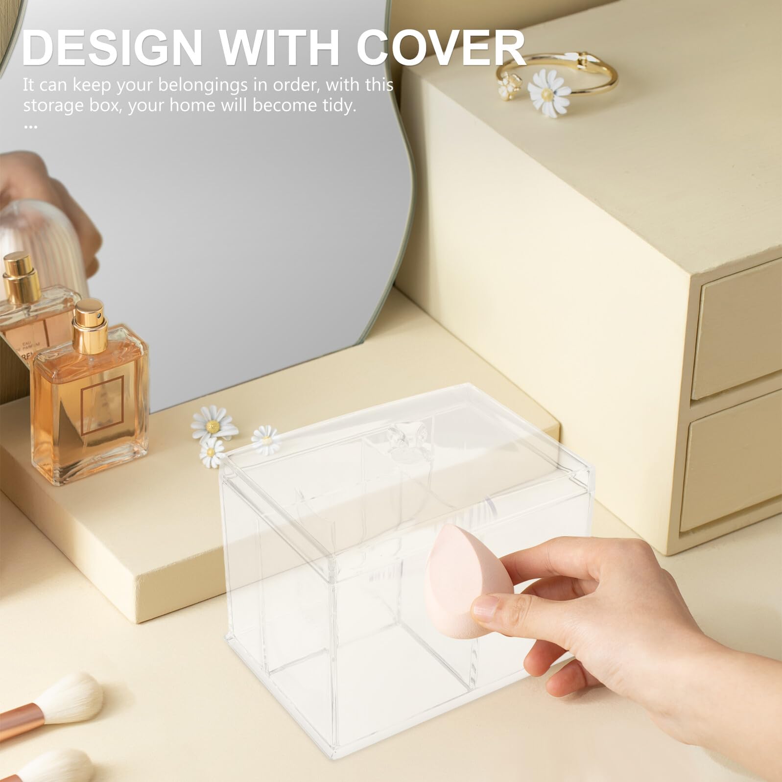 Homoyoyo Acrylic Makeup Storage Box with Lid, Lipstick and Cotton Pad Organizer, Desktop Cosmetics Holder for Skincare and Makeup Tools