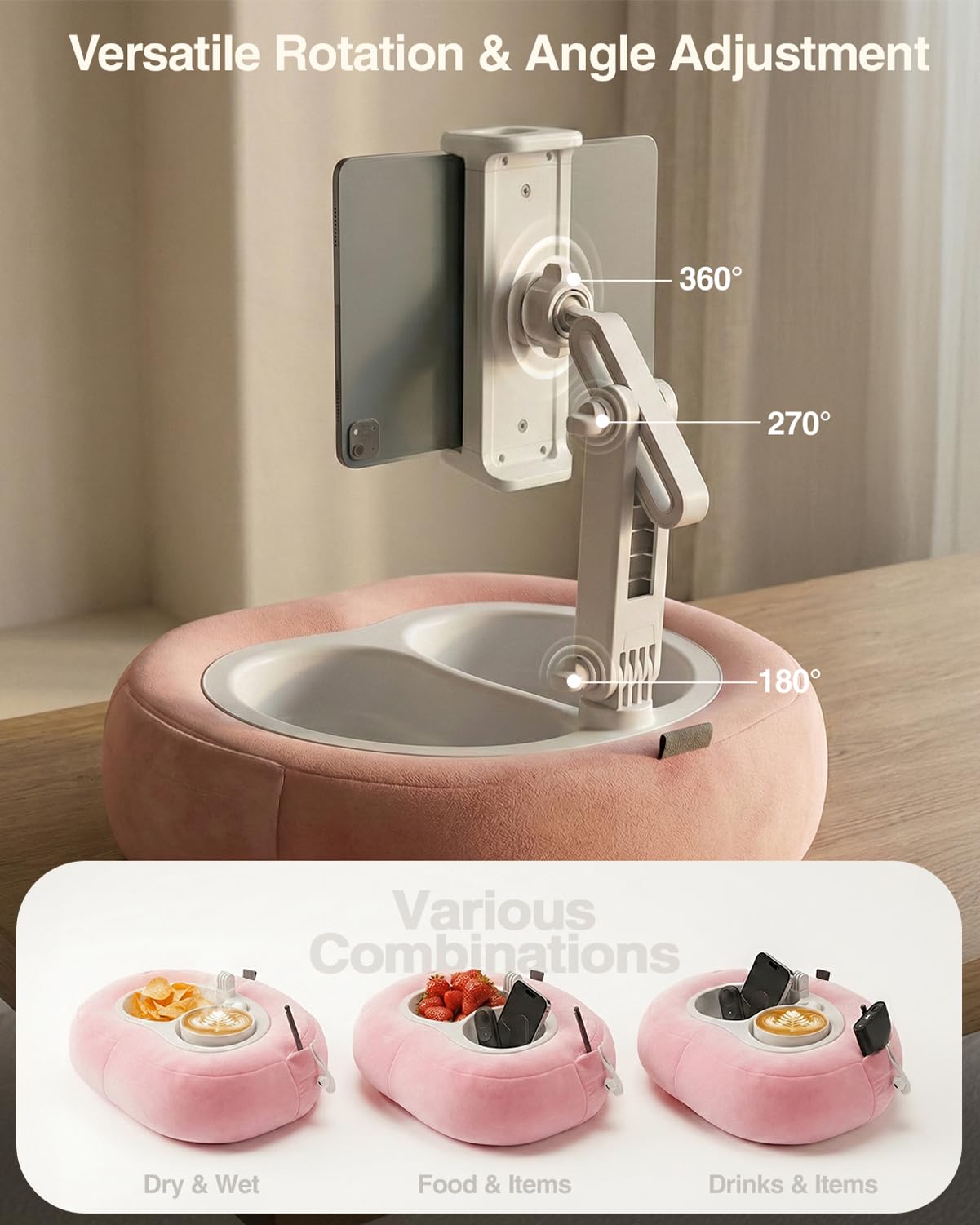 Miledi Tablet Pillow Stand for Bed with 360° Rotating Holder, Pink - View 6