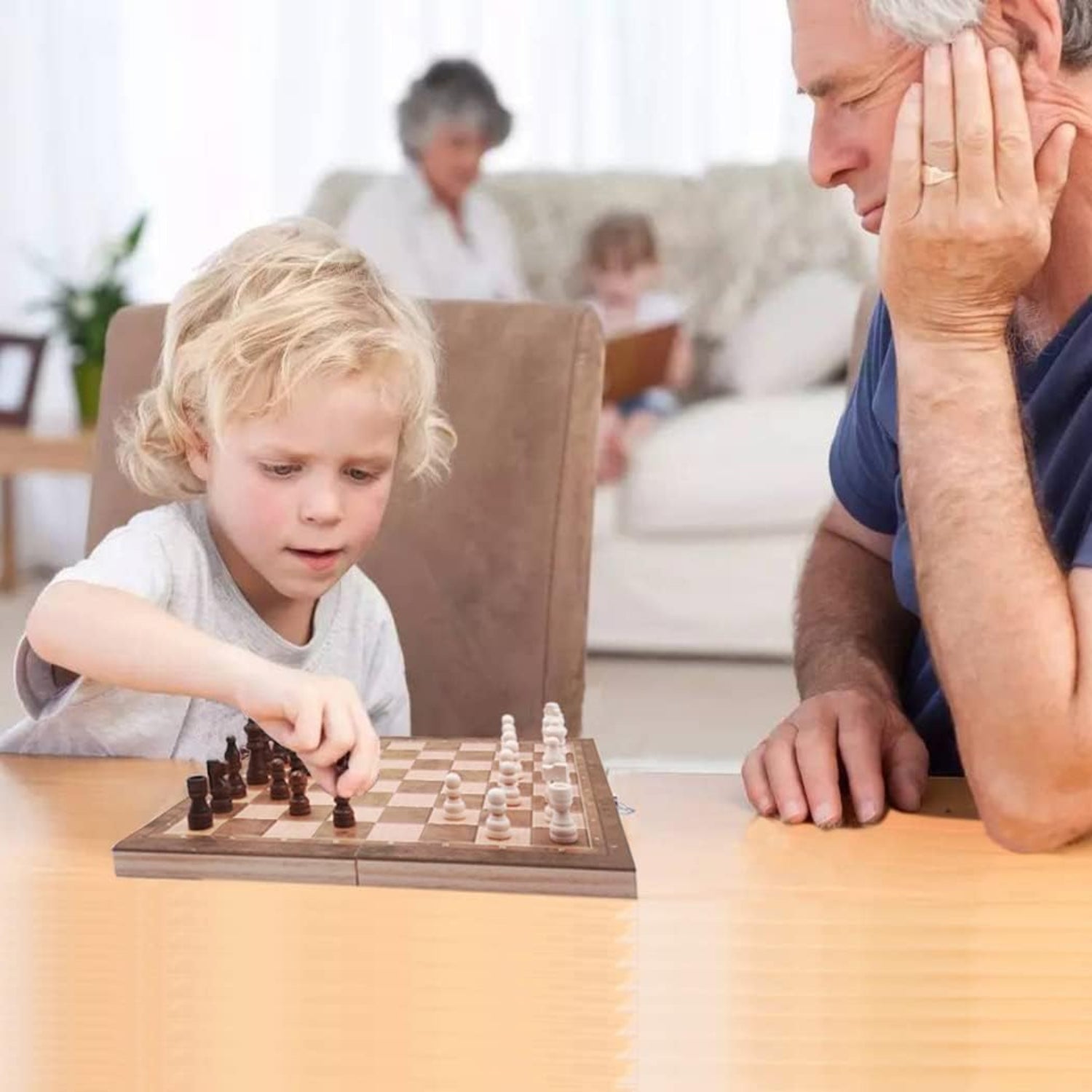 Folding wooden chess set with storage, 17-inch DUBSTAR chess board, includes chess pieces on a wooden playing surface.