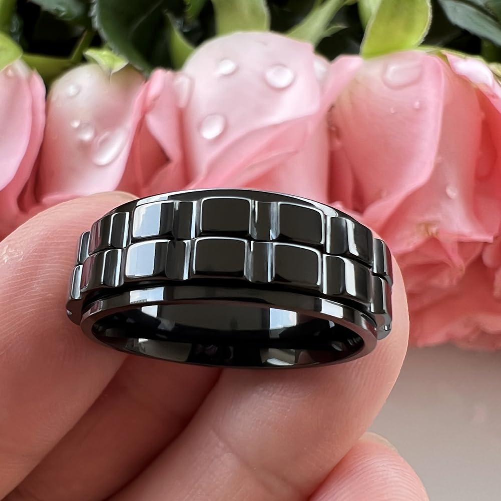 TUTISS 8mm Black Tungsten Spinner Ring for Men & Women
