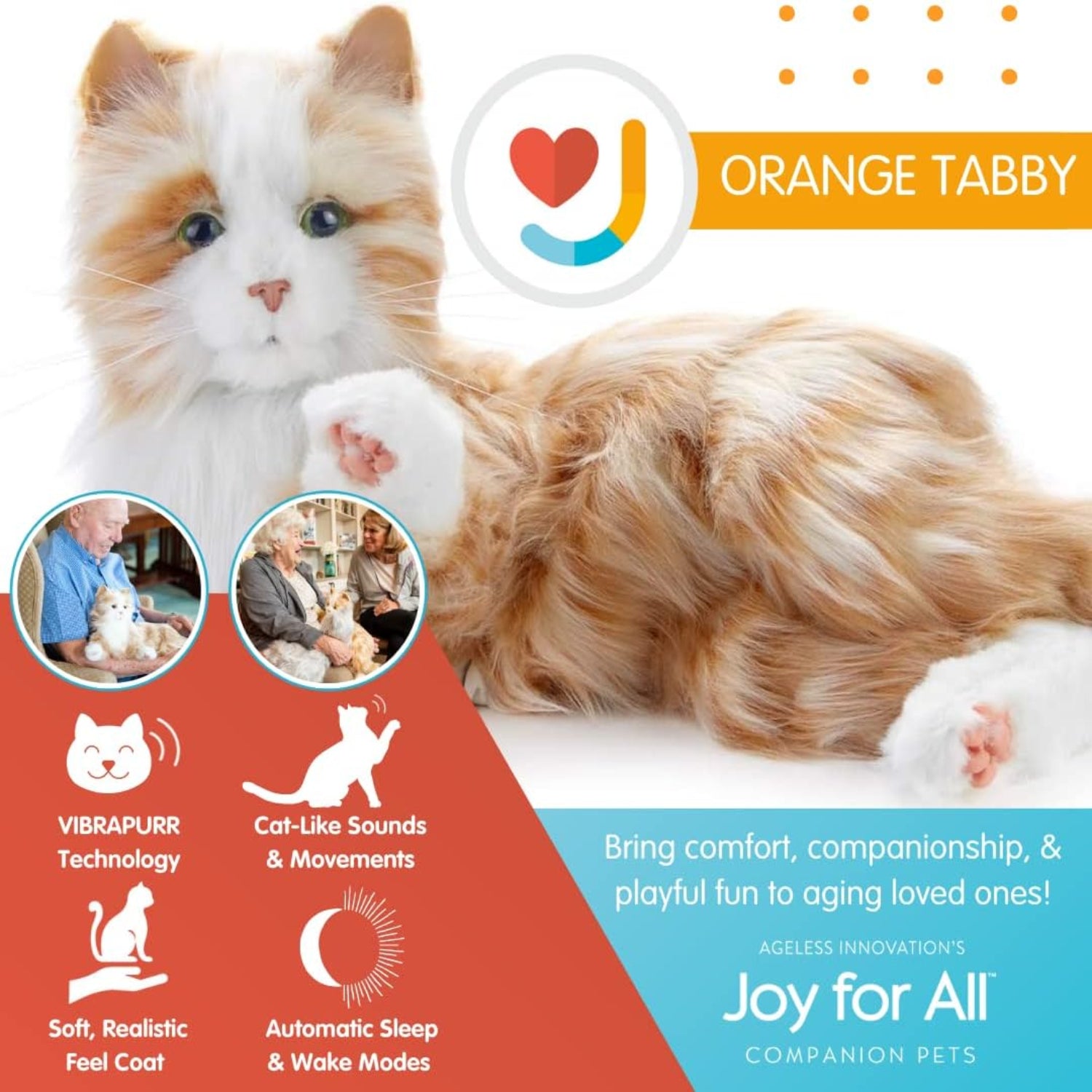 Lifelike animatronic cat by JOY FOR ALL designed for seniors, realistic features and soft fur for a comforting companion.