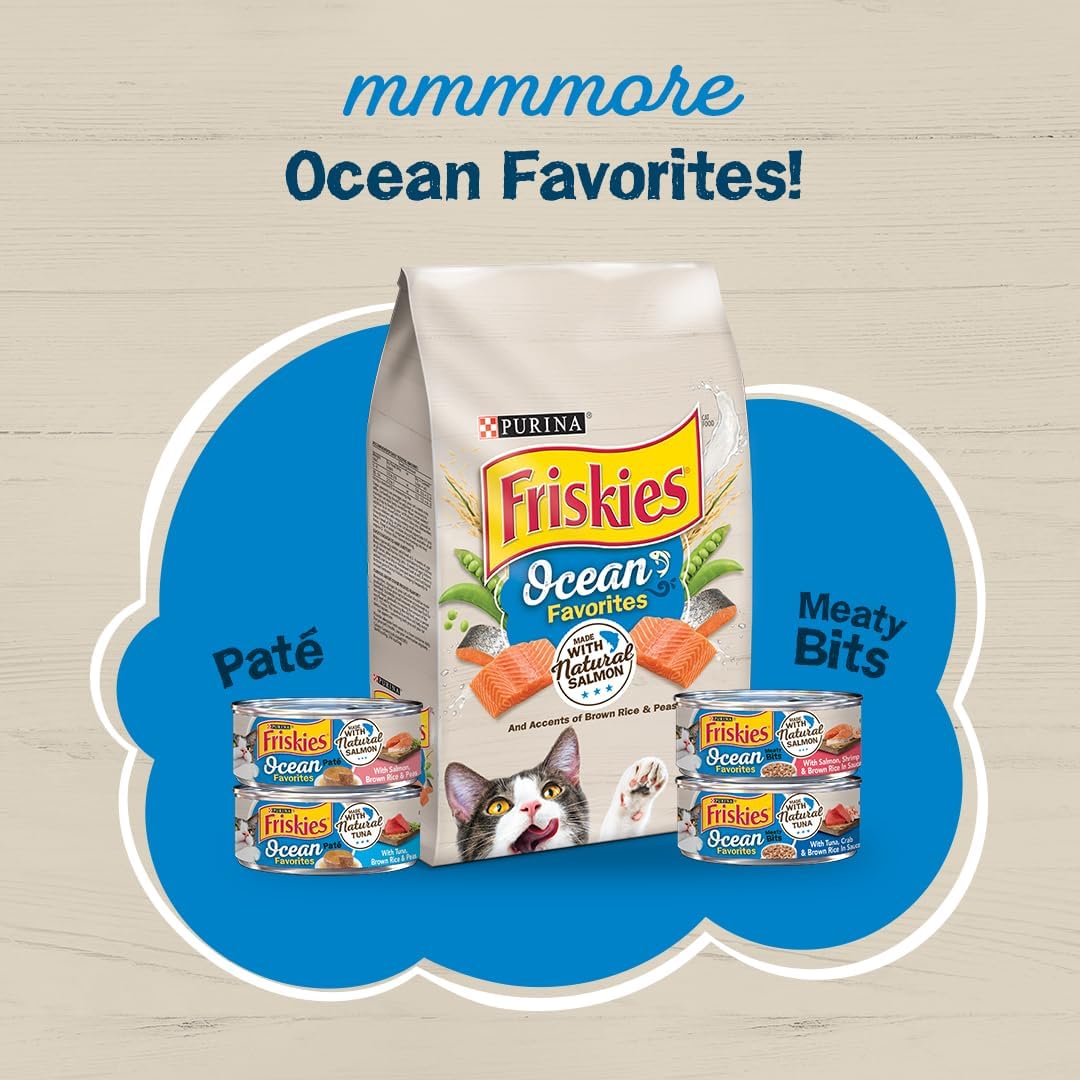 Cans of Purina Friskies Natural Wet Cat Food Ocean Favorites with Meaty Bits and Tuna, 5.5 oz, pack of 24