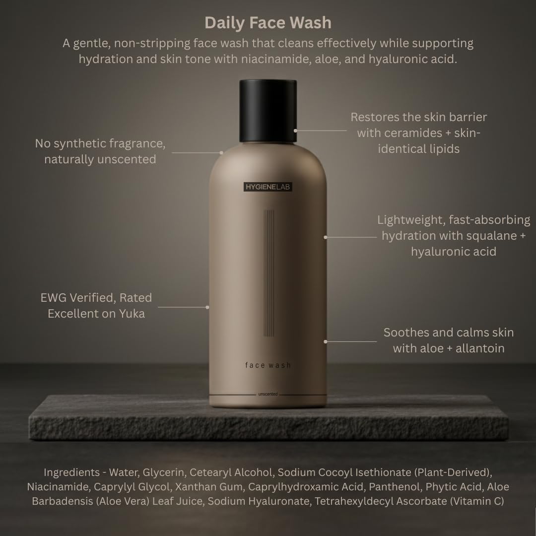 HygieneLab Face Wash EWG Verified gentle hydrating cleanser in a clear tube with white and blue packaging.