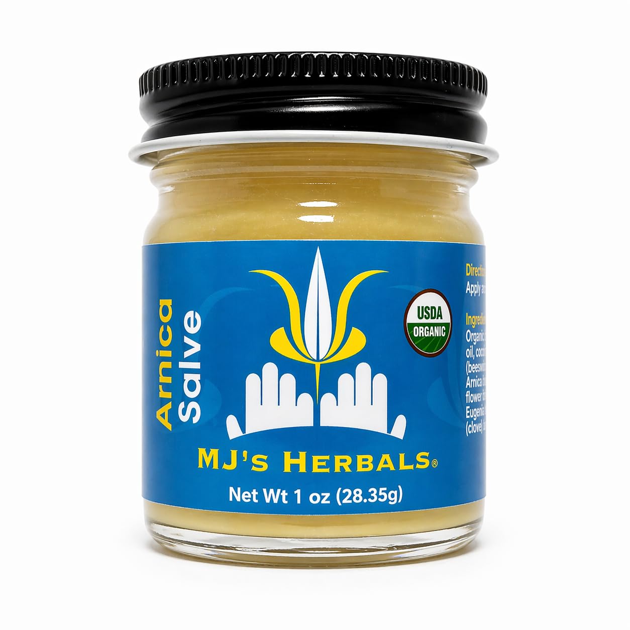 MJ's Herbals Organic Arnica Salve, botanical skin moisturizer in 1 oz tin, with natural herb ingredients and soothing properties
