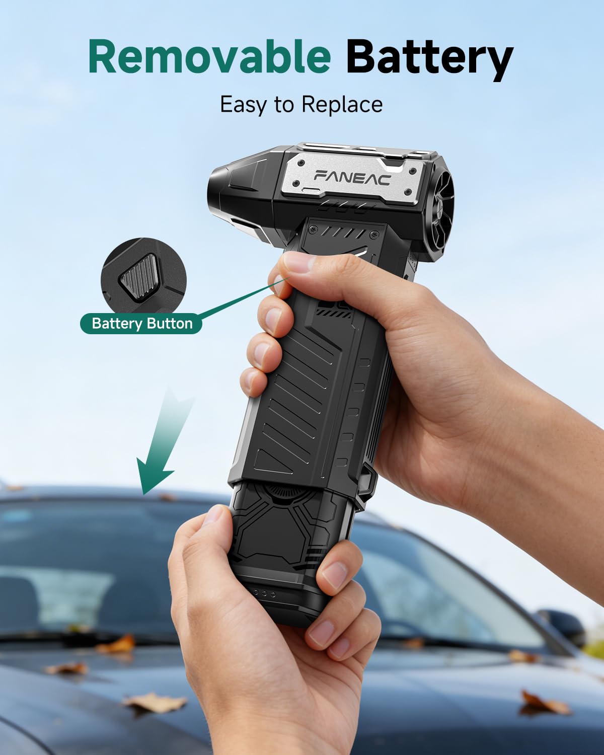 FANEAC electric air duster with two swappable battery packs, portable canned air cleaning tool for electronics and keyboards.