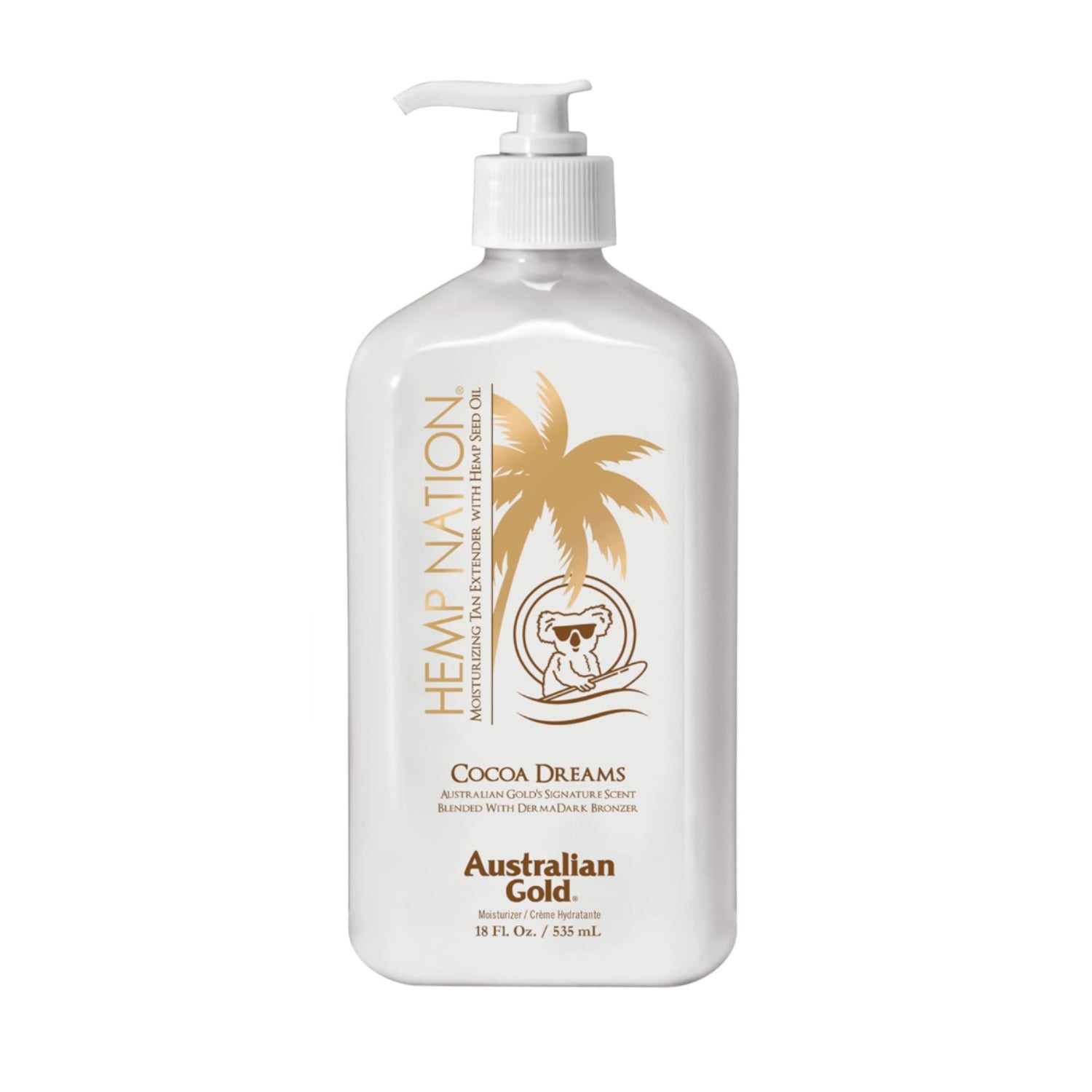 Australian Gold Hemp Nation Cocoa Dreams Tan Extender with Derma Dark Bronzer, 18oz bottle, creamy lotion for deepening tan.
