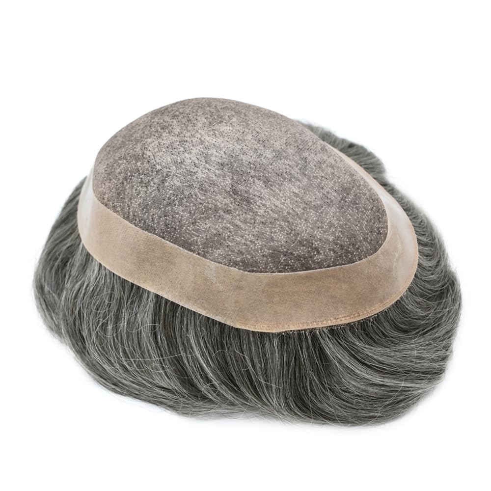 Curve Hair Mens Toupee Human Hair Piece Replacement System Monofilament Wig Hair Unit for Men Durable Poly Coated Mens Hairpiece (#1B60 Off Black+60% Gray, 6"X8")