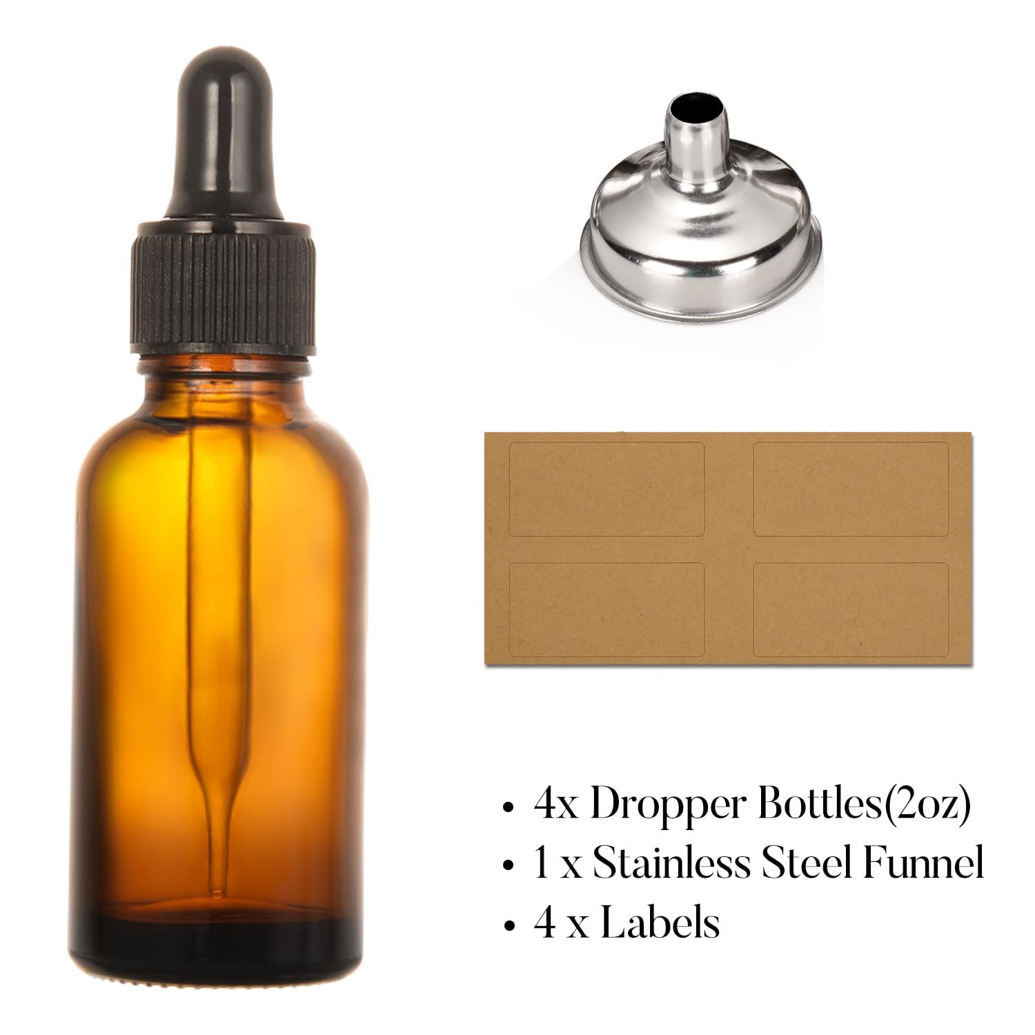 4 Pack 2 oz Bottles with Dropper 1 Funnel 4 Labels - AOZITA Official Product Imagery - 6