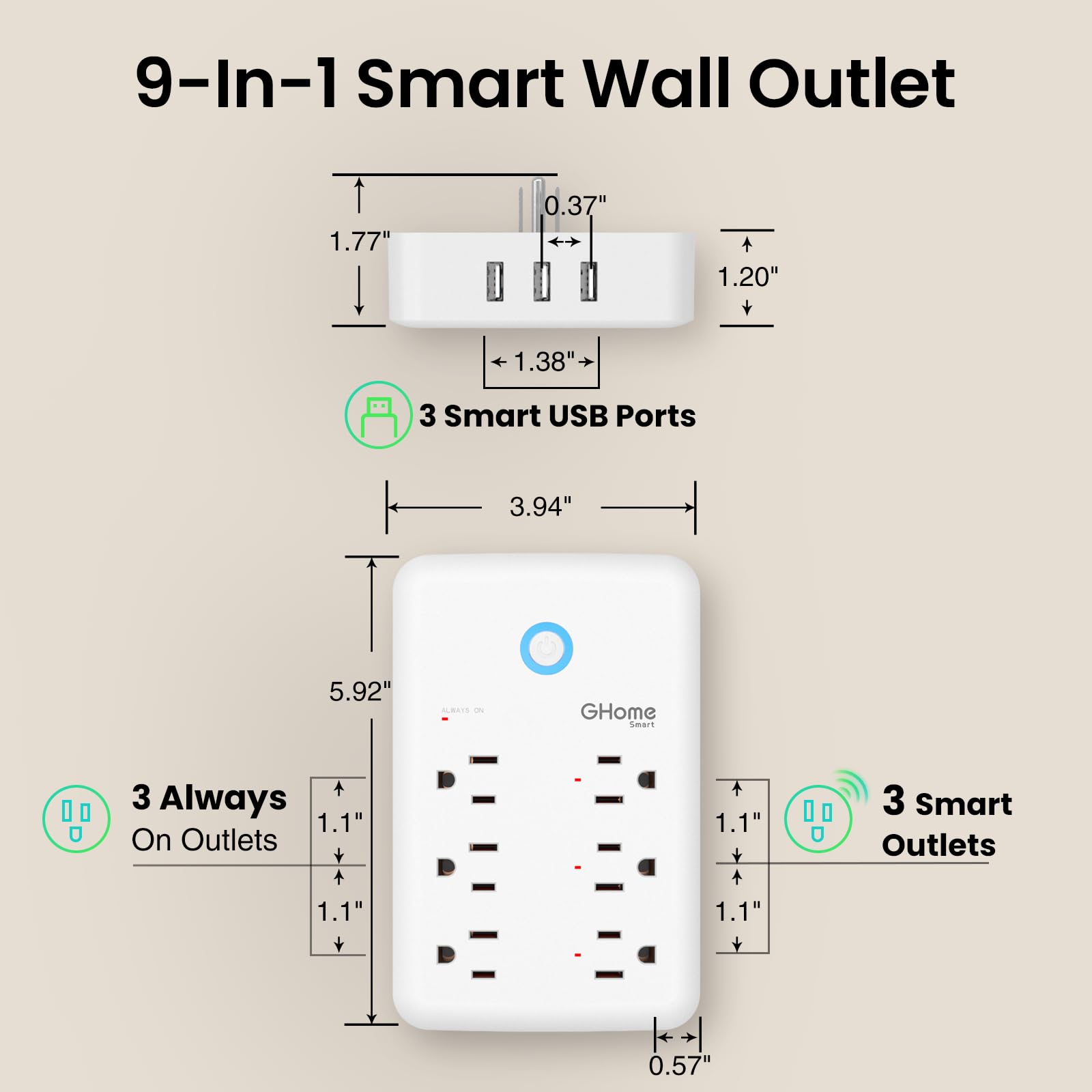 GHome Smart Plug Outlet Extender, USB Wall Charger with 3 Individ - GHome Smart Official Product View 2