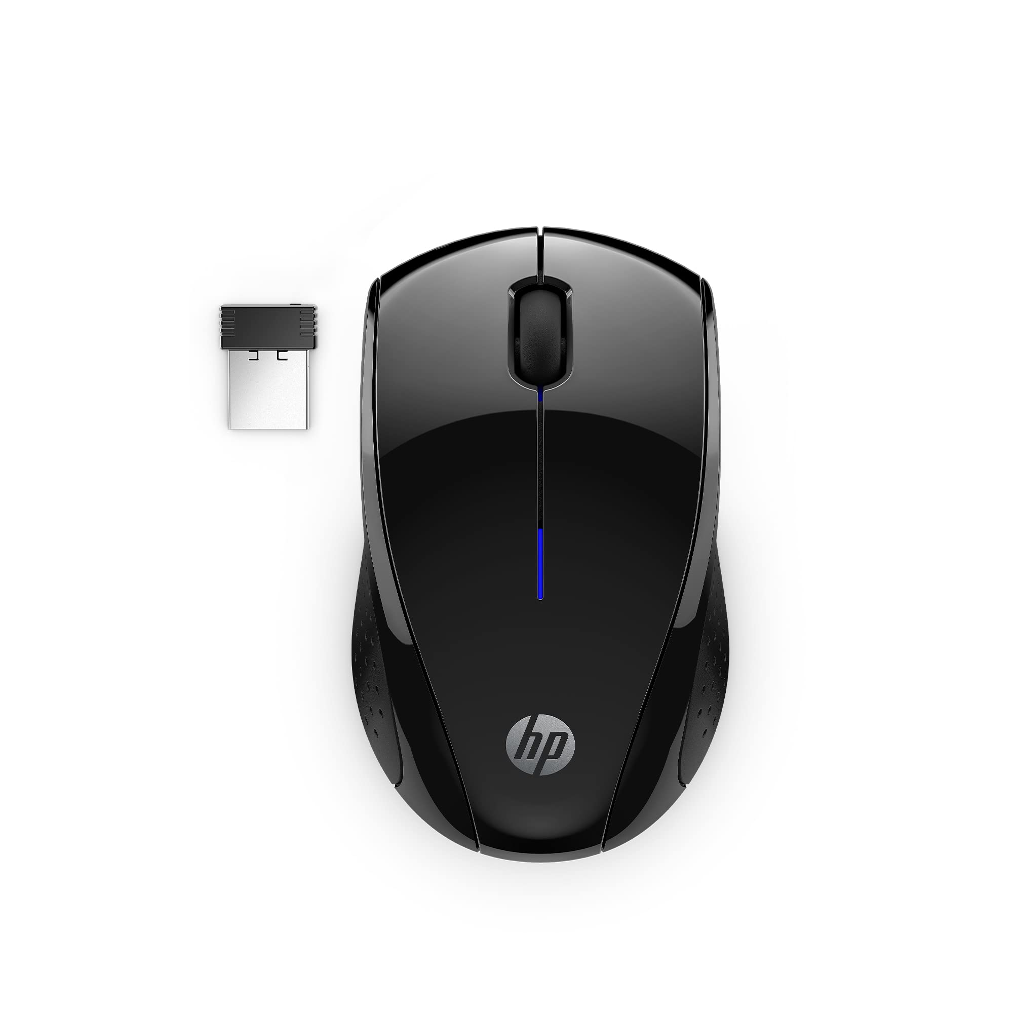 HP X3000 G3 wireless mouse in black with side grips, blue LED, 1600 DPI optical sensor, suitable for PC, Mac, Chromebook, travel-friendly.